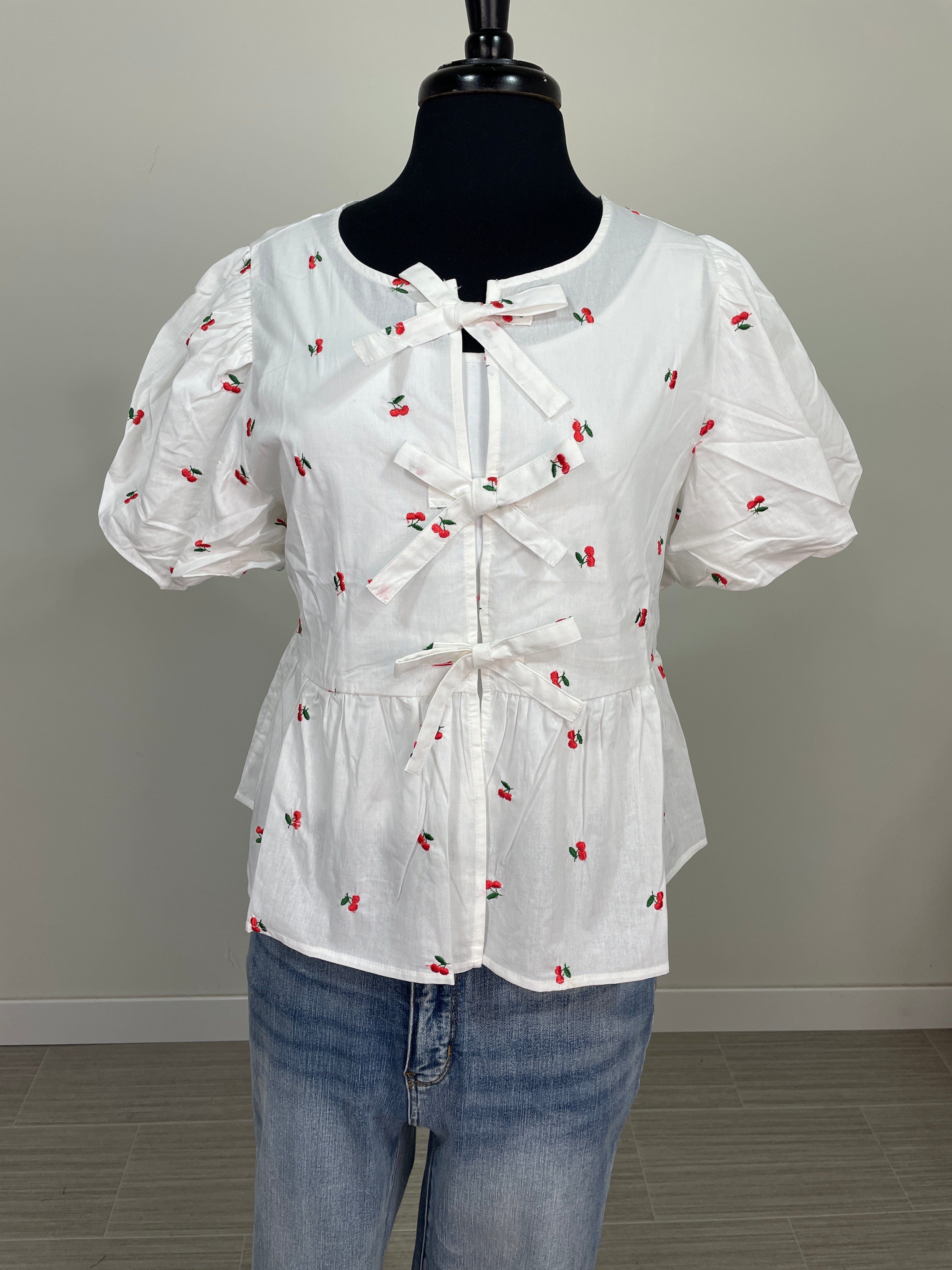 White Bowtie Front Cherry Detail Blouse
