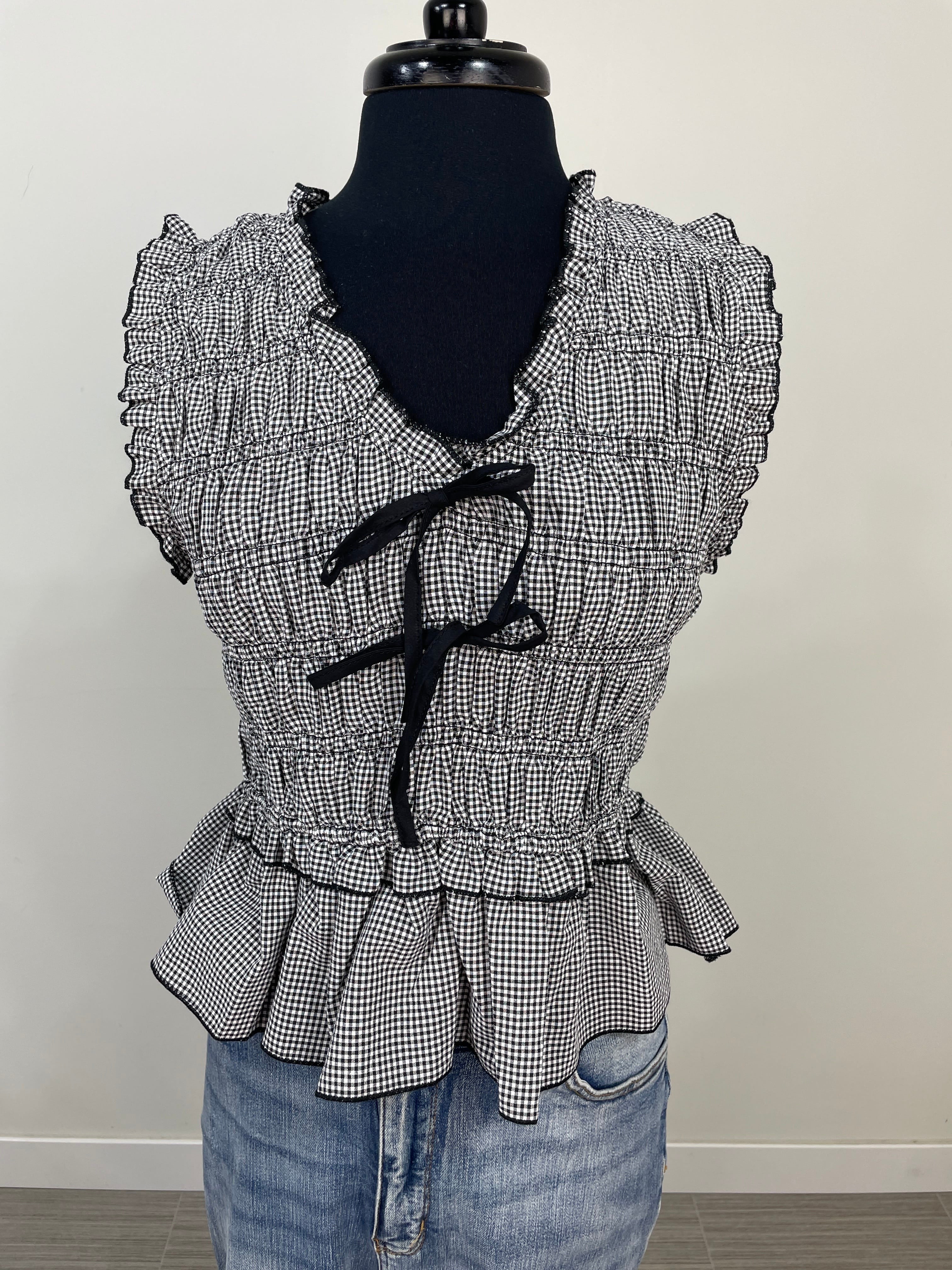 Black Mini Gingham Smocked Peplum Top