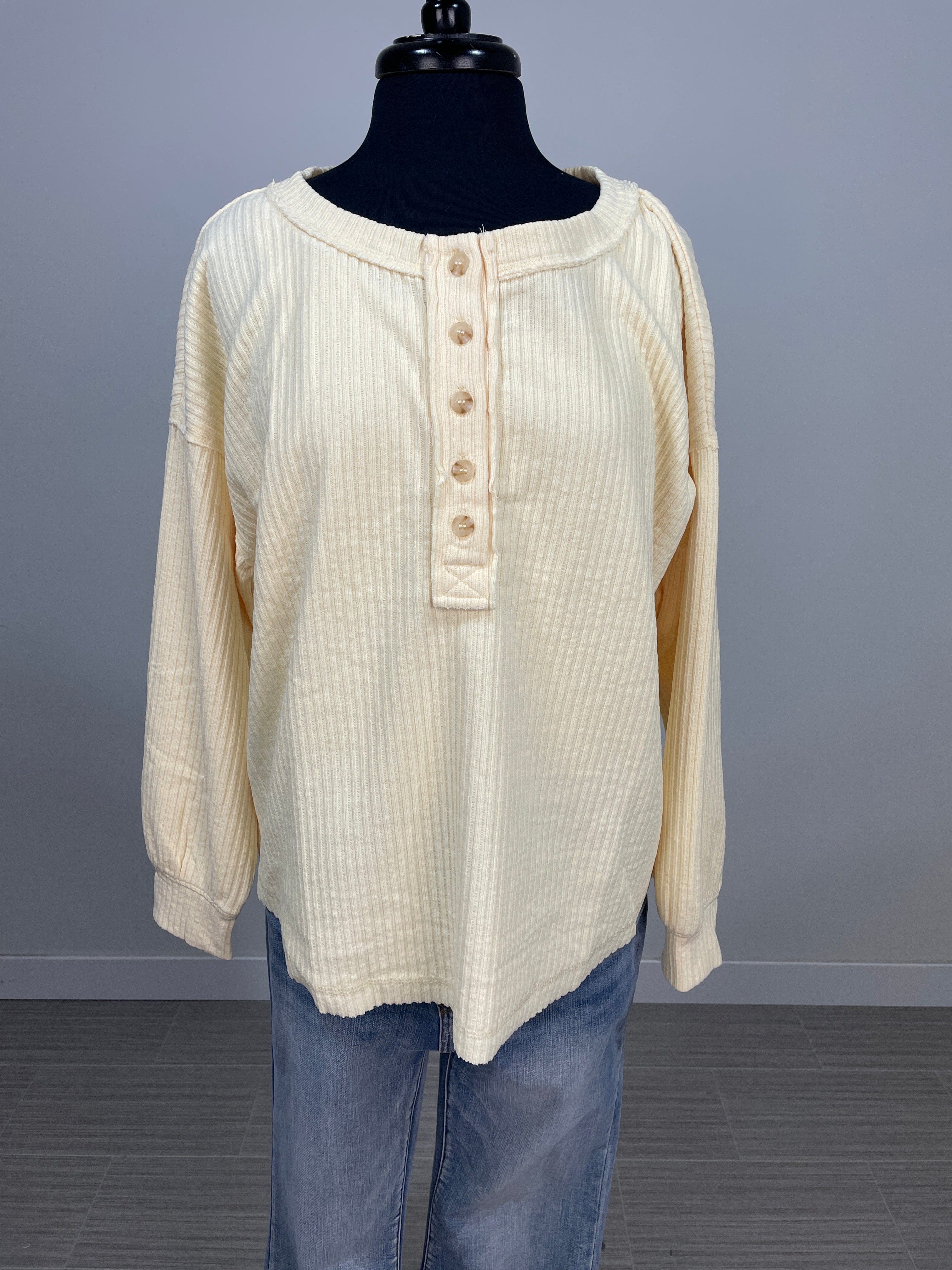 Butter Yellow Ribbed Henley Exposed Hem Top