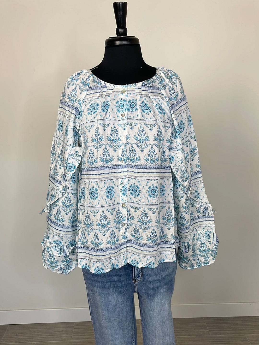 Blue Multi Ruffled Long Sleeve Top