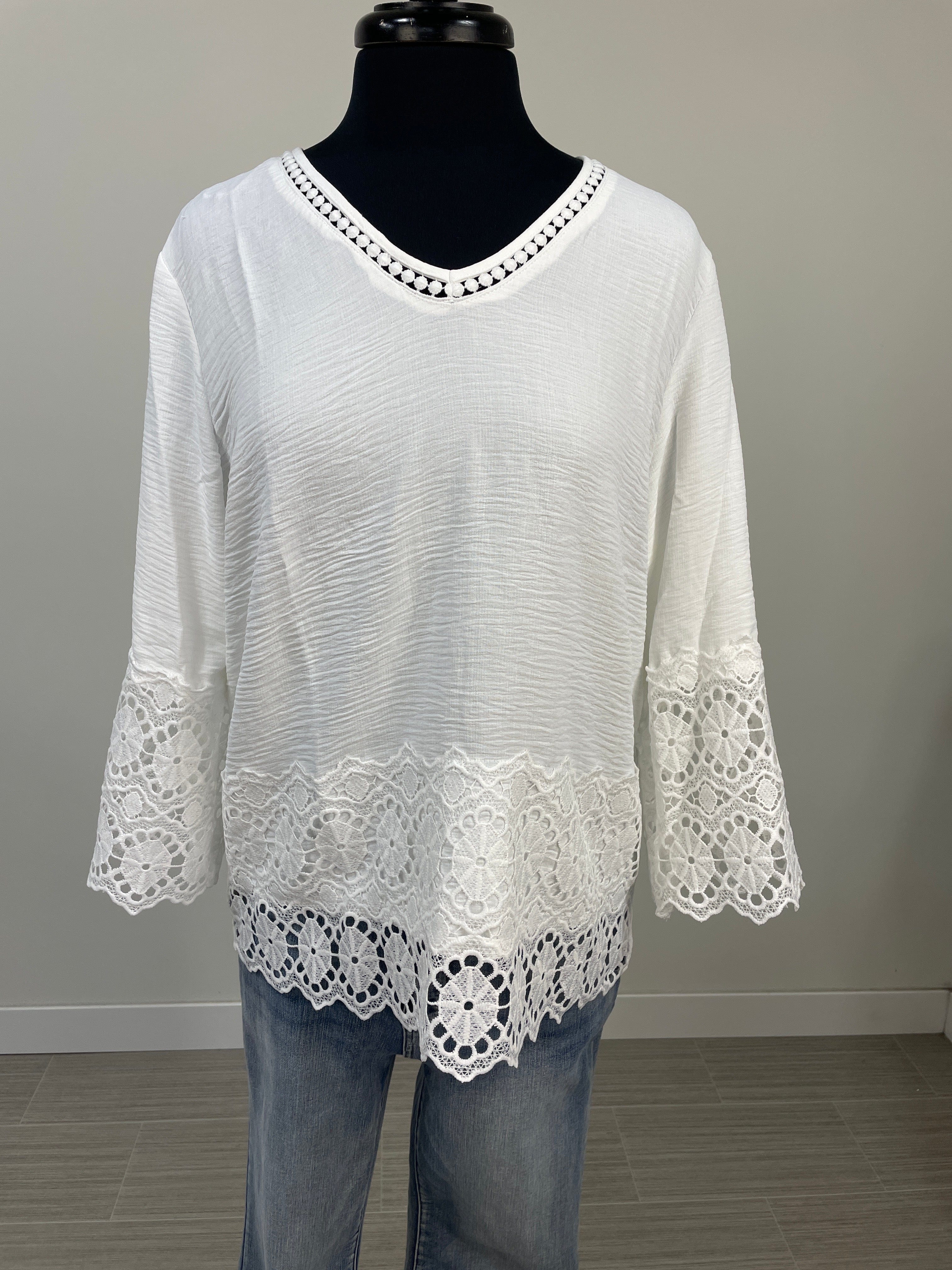 White V-Neck Embroidered Pullover Top