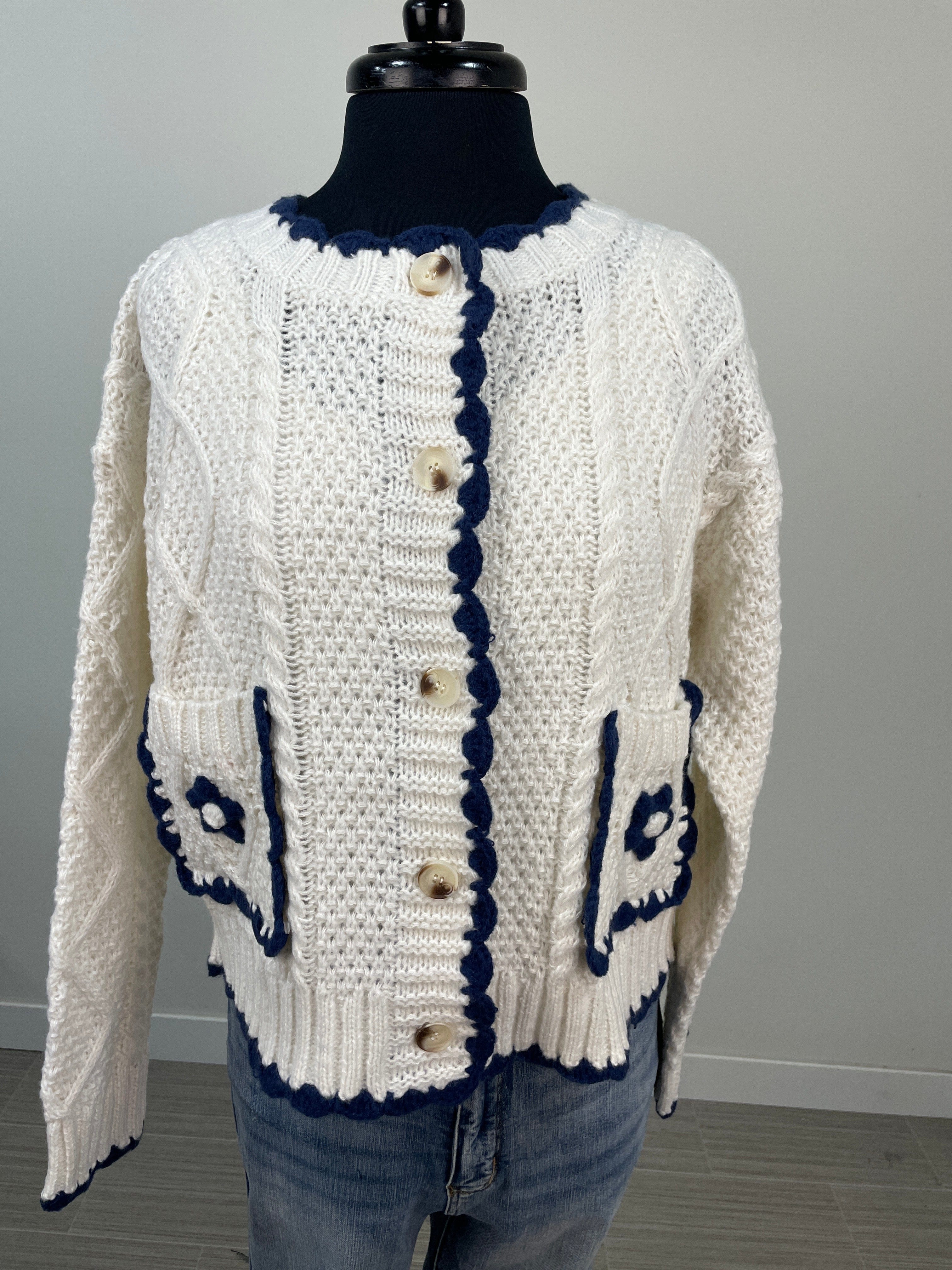 Ivory w/Navy Detail Button Cardigan