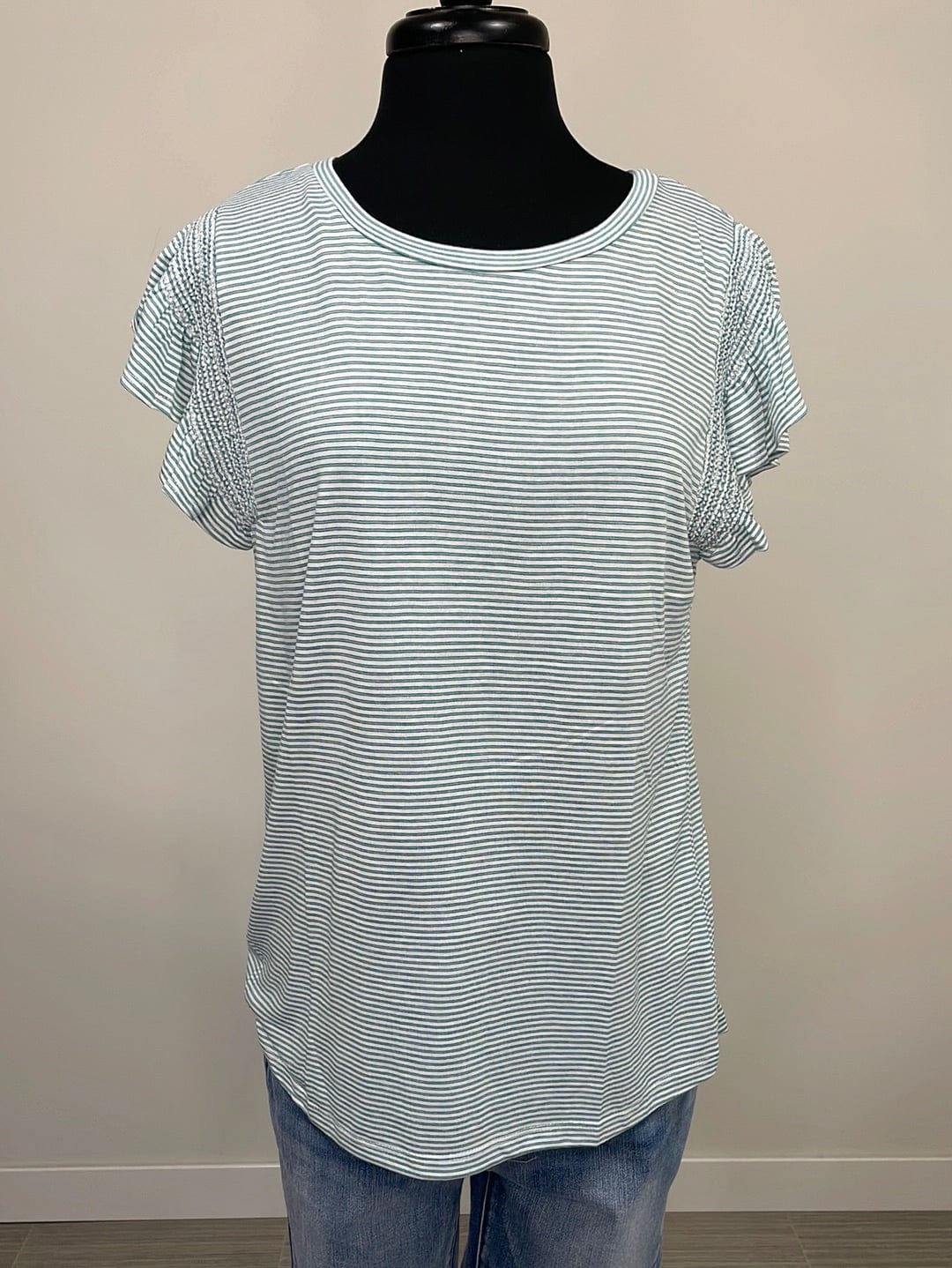 Jade Pinstripe Ruffle Cap Sleeve Top