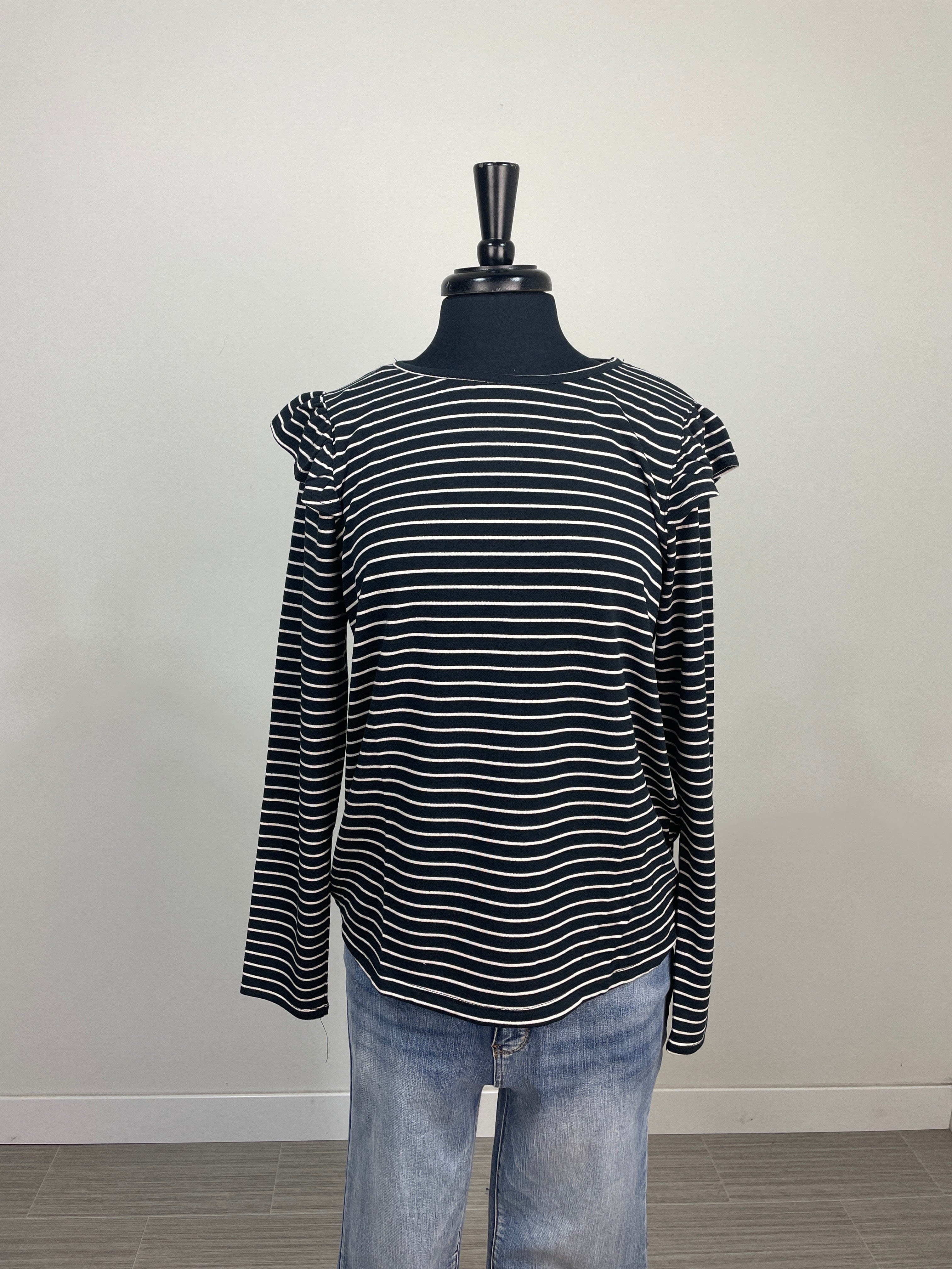 Black Stripe Ruffle Shoulder Top