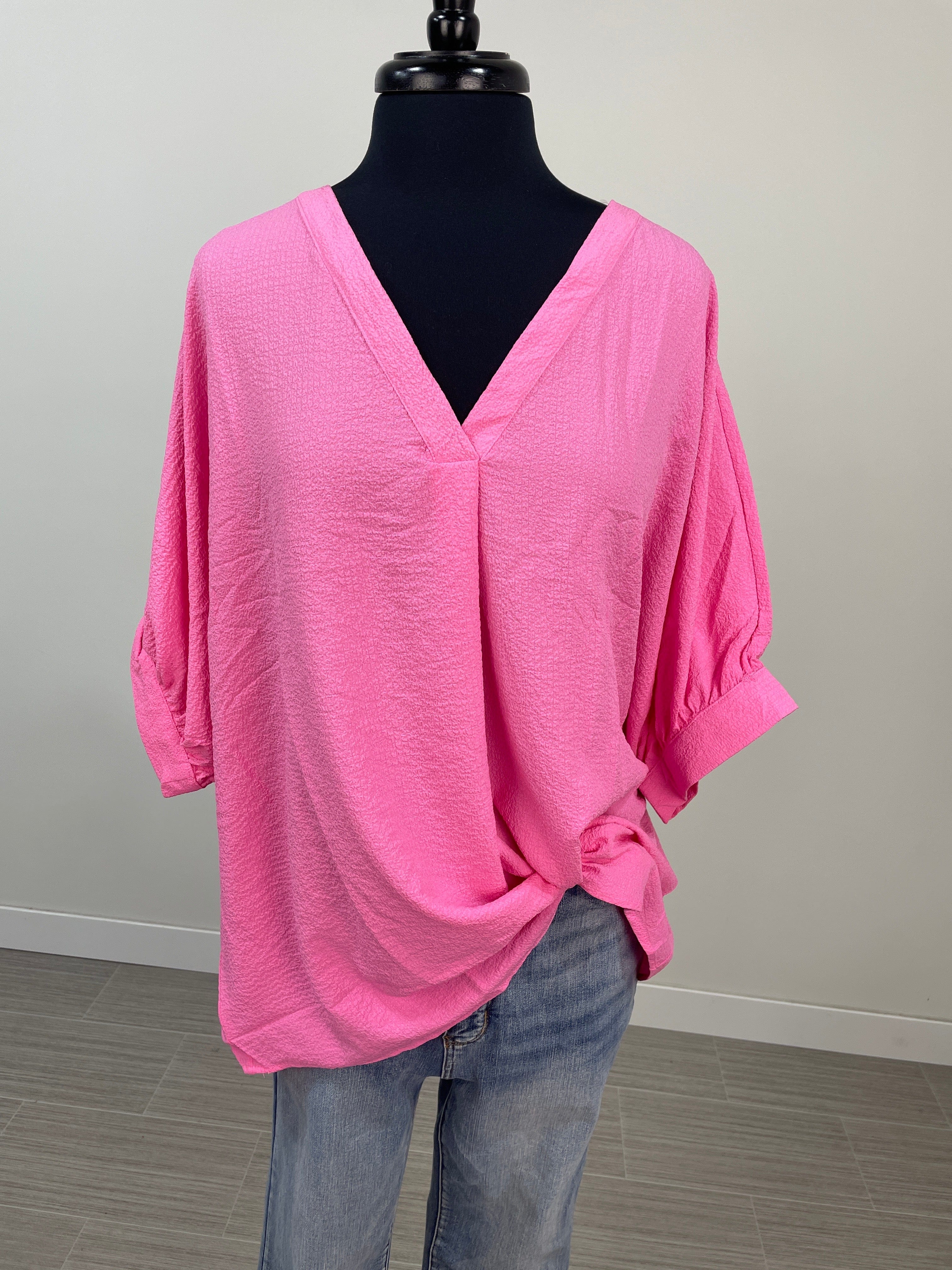 Candy Pink Cuffed Cap Sleeve Blouse