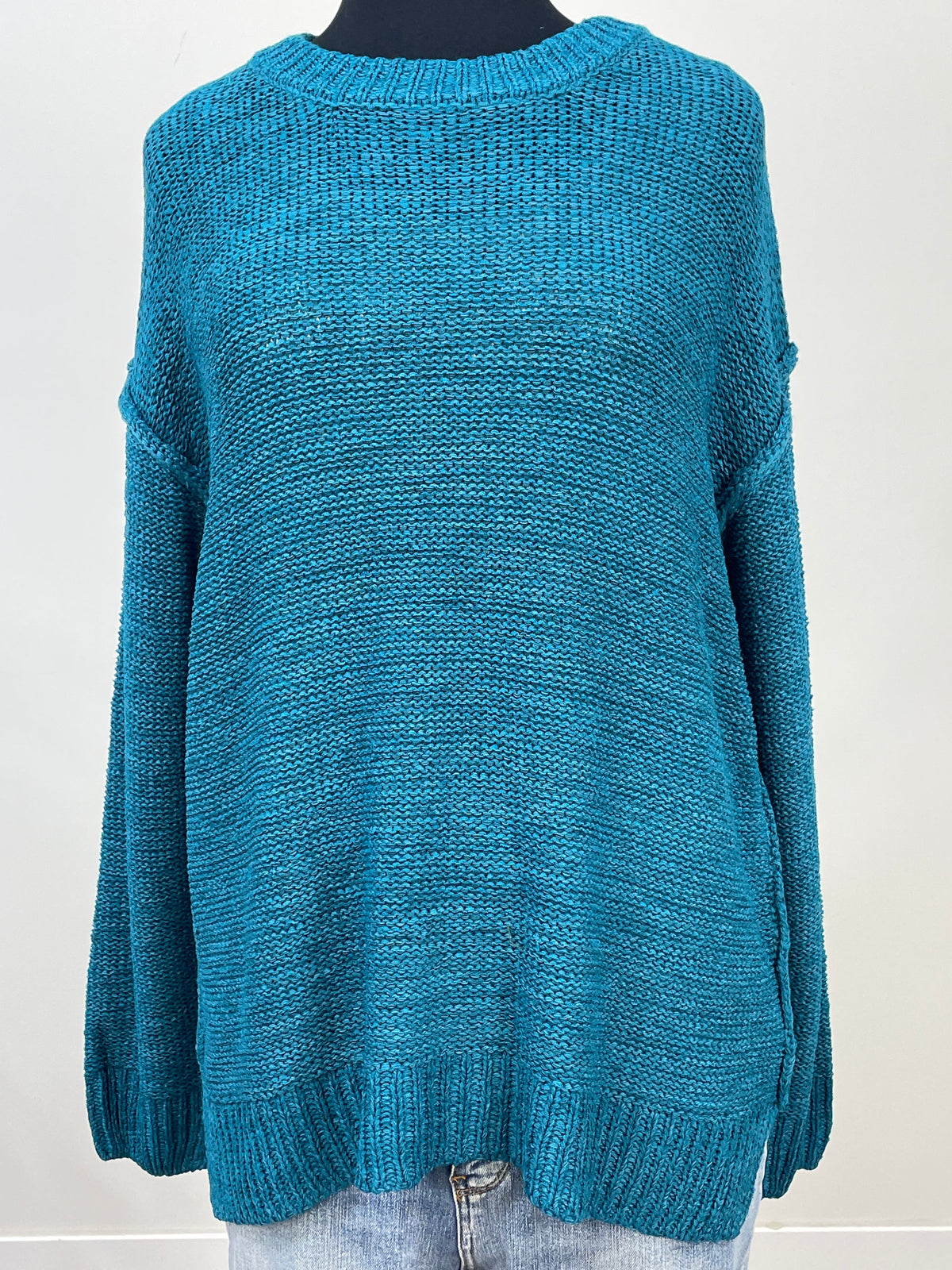 Ocean Teal Exposed Seam Round Neck Sweater