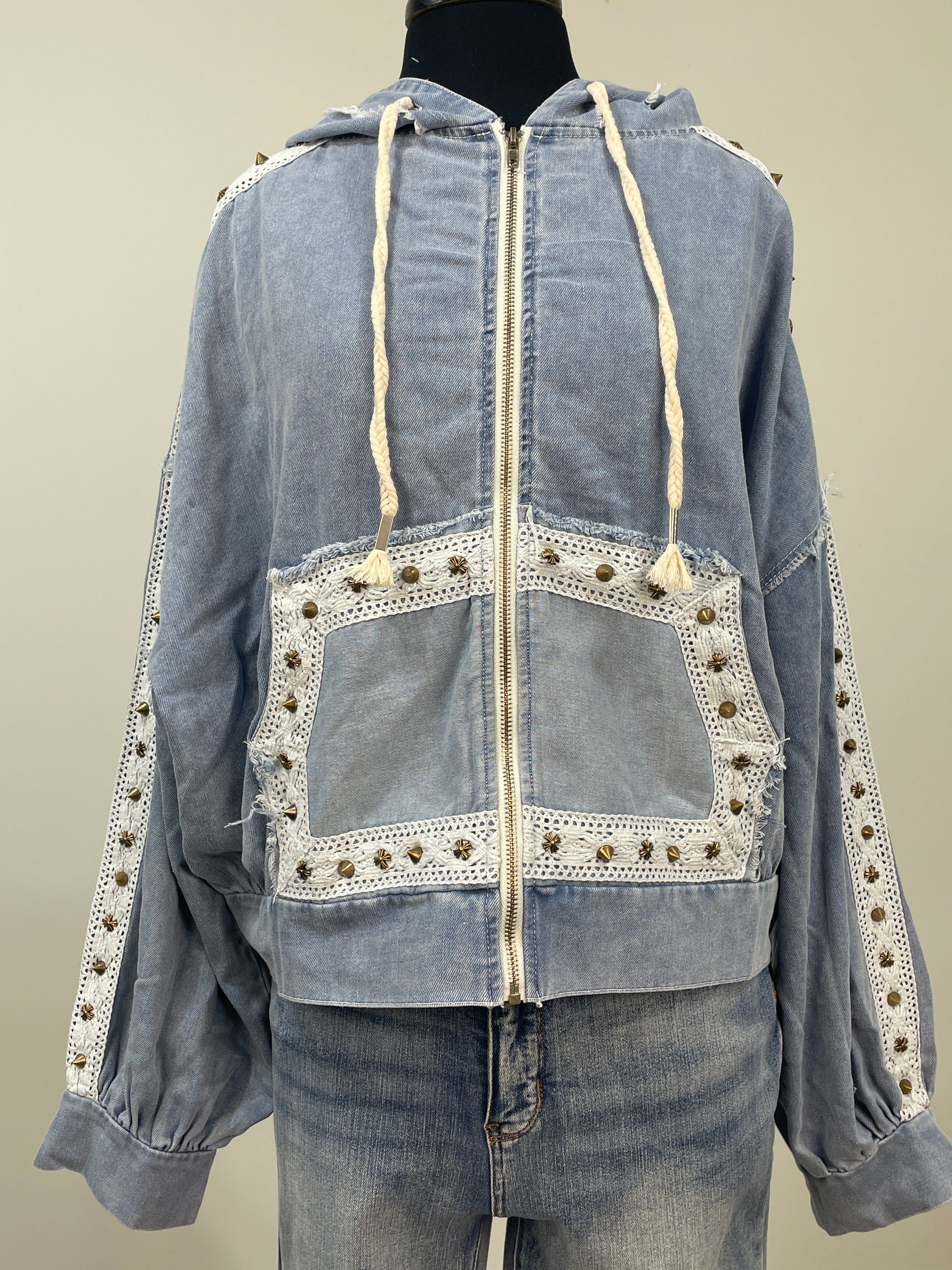 Studded Embellished Denim Zip Jacket