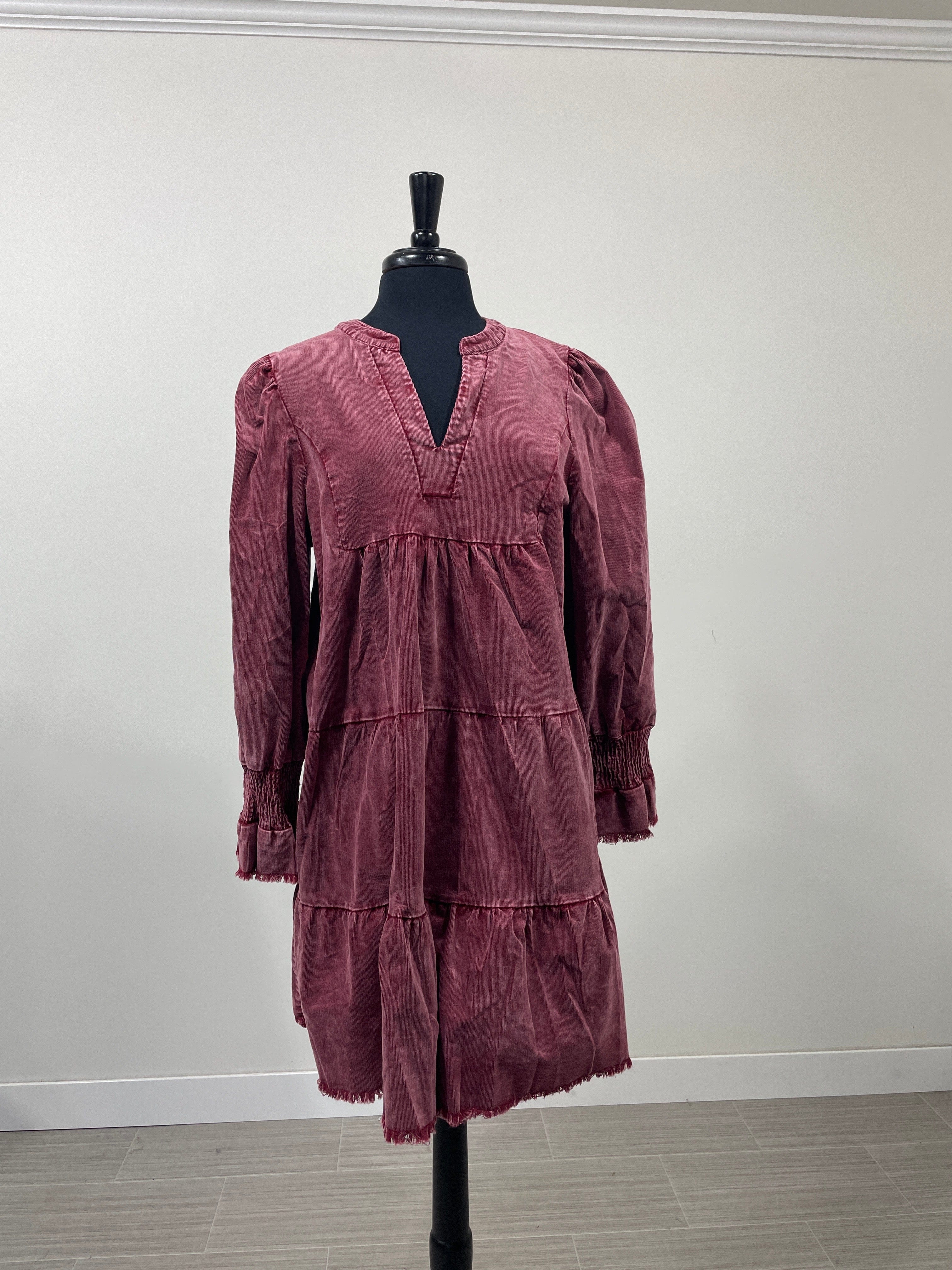 Wine Corduroy Tiered Dress
