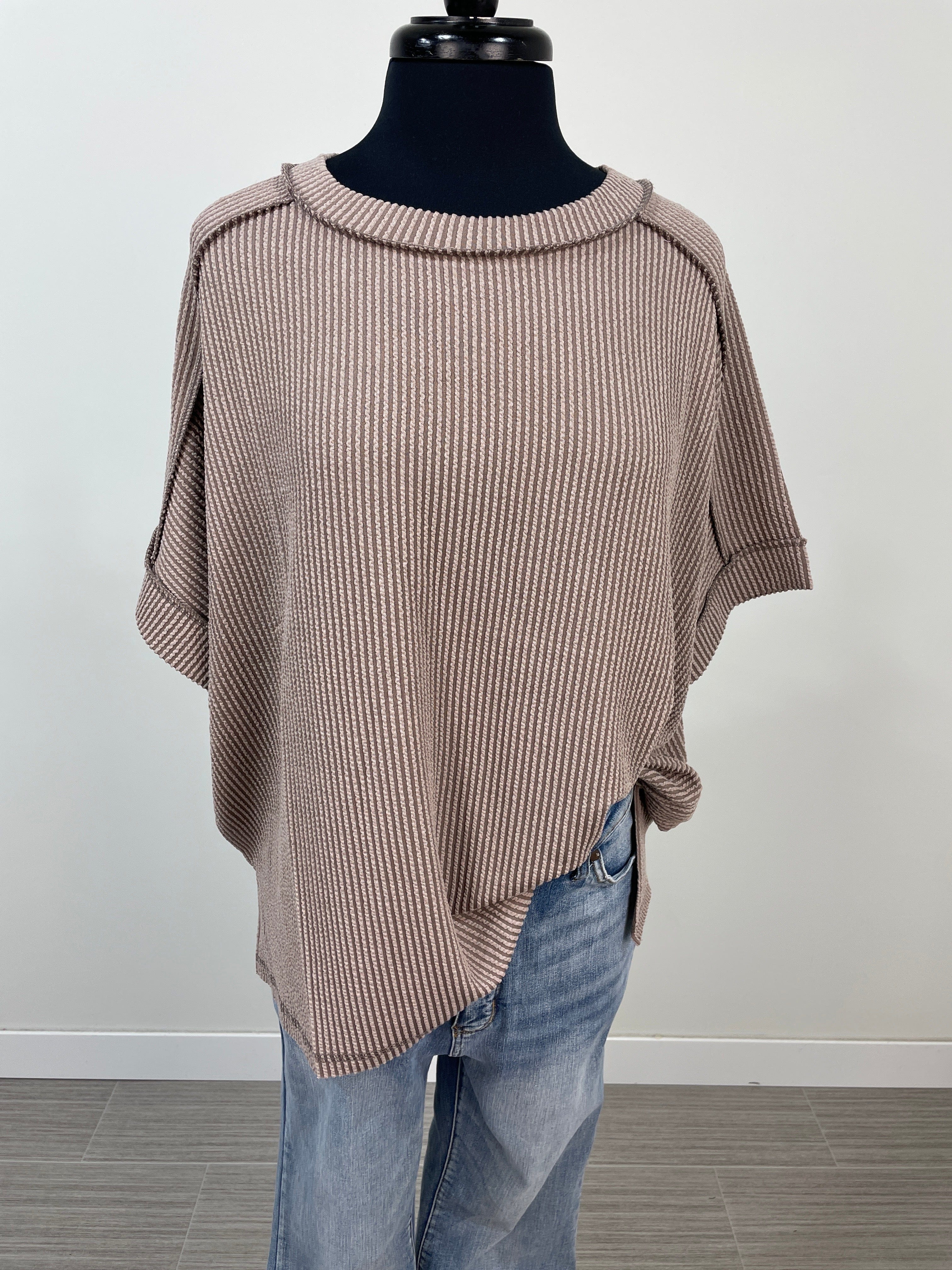 Mocha Raised Rib Cuff Sleeve Top