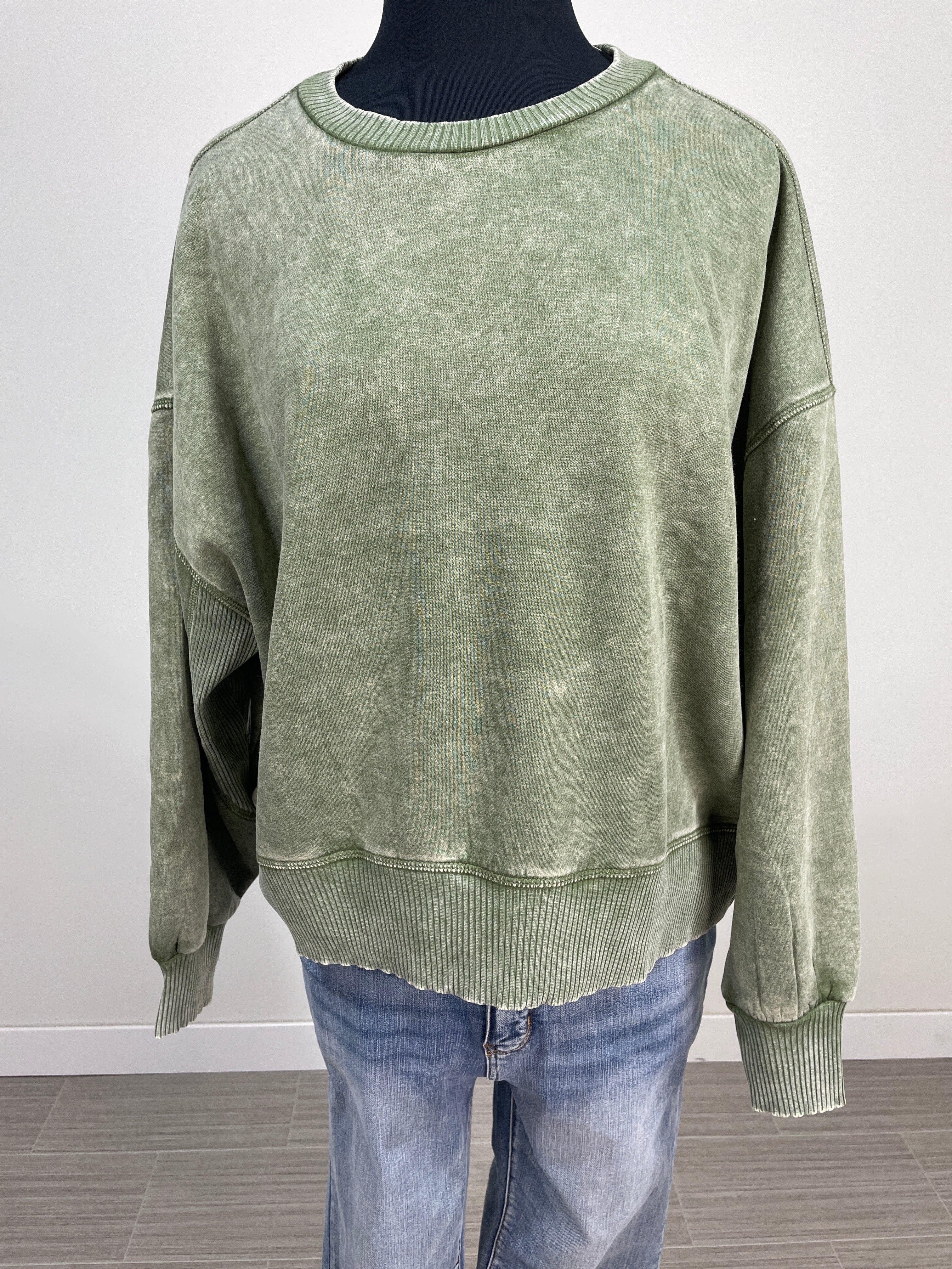 Light Olive Acid Wash Oversized Pullover