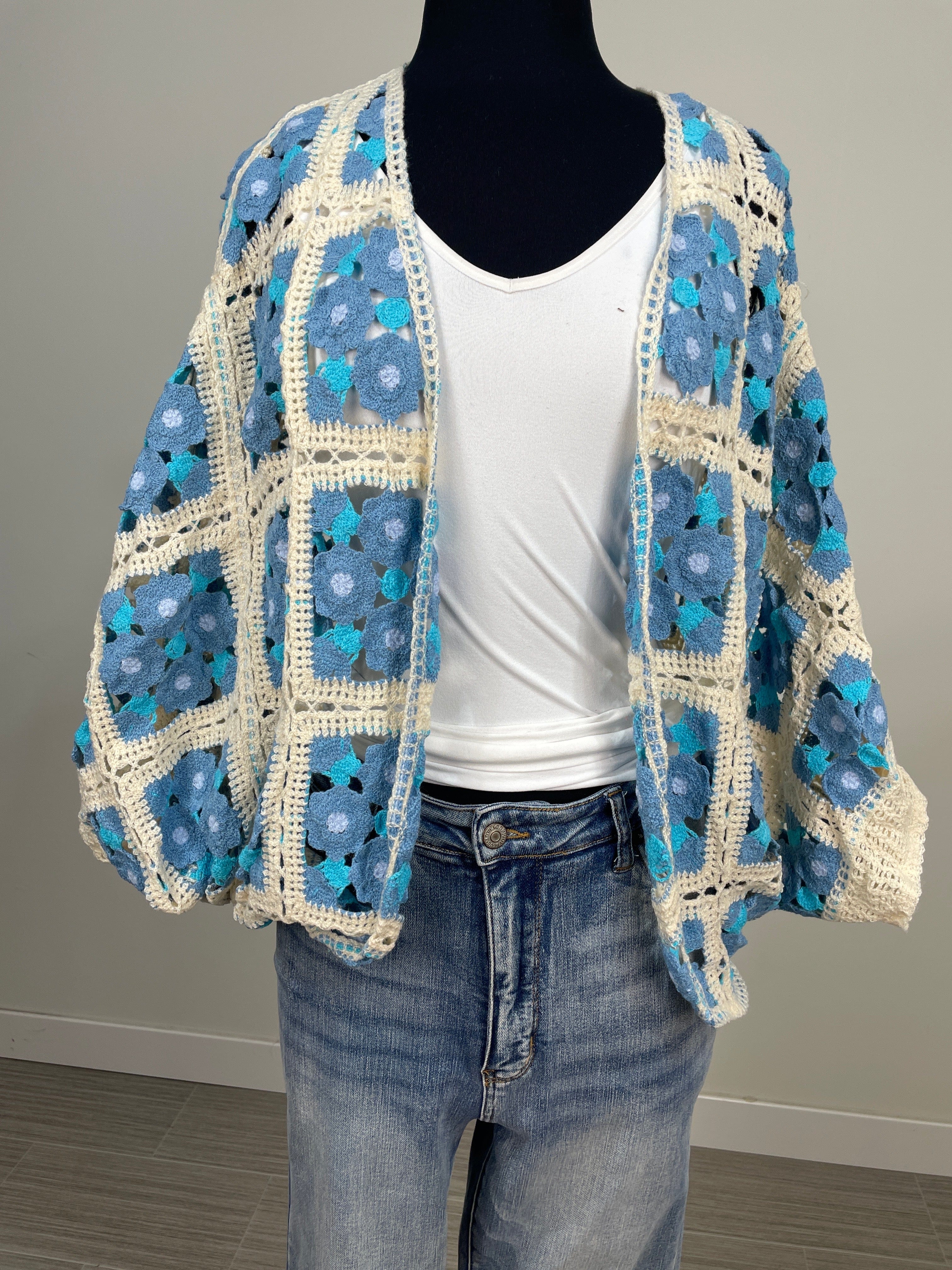 Blue Multi Crochet Dolman Sleeve Cardigan
