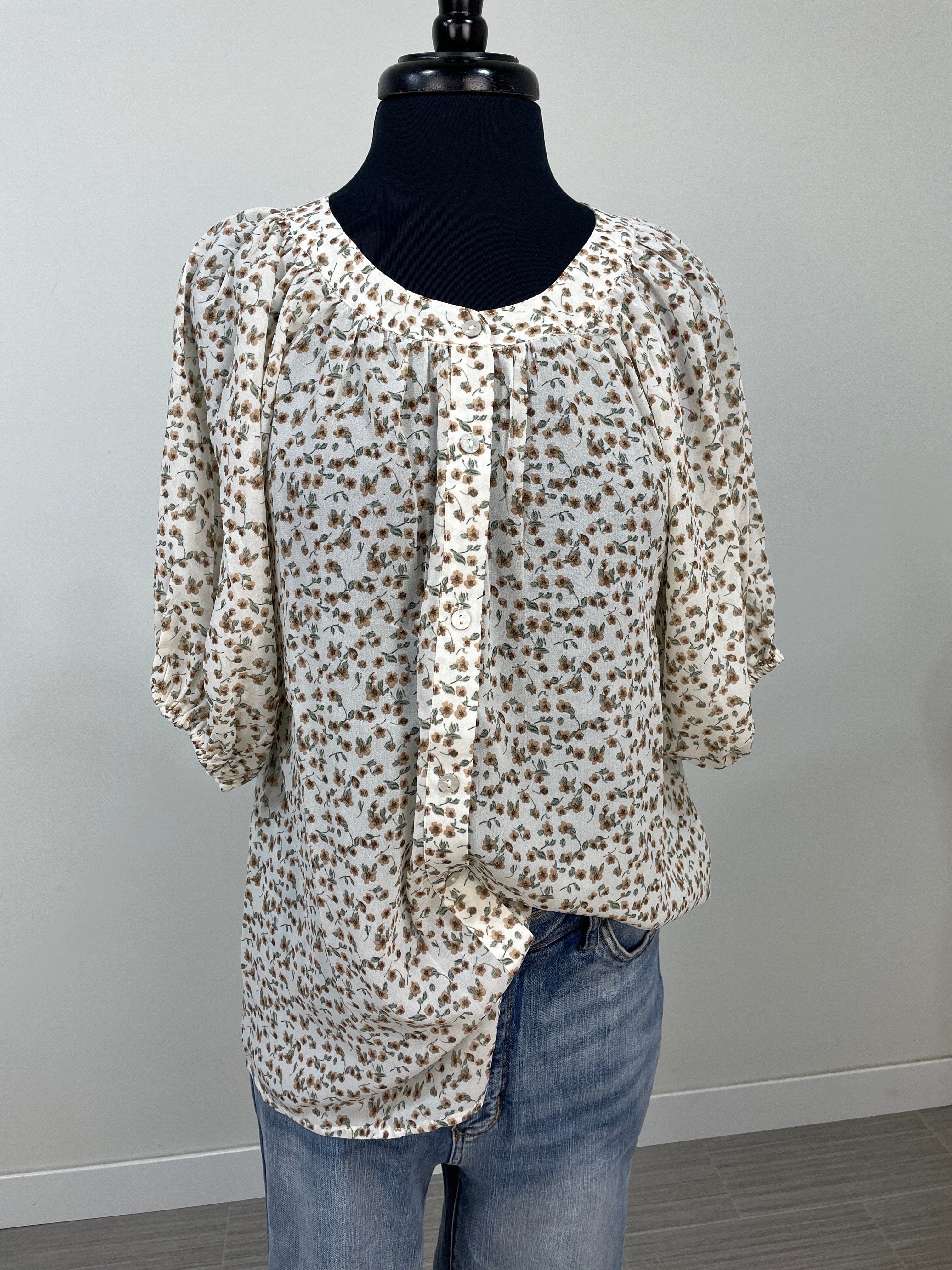 Ivory Sheer Floral Balloon Sleeve Top