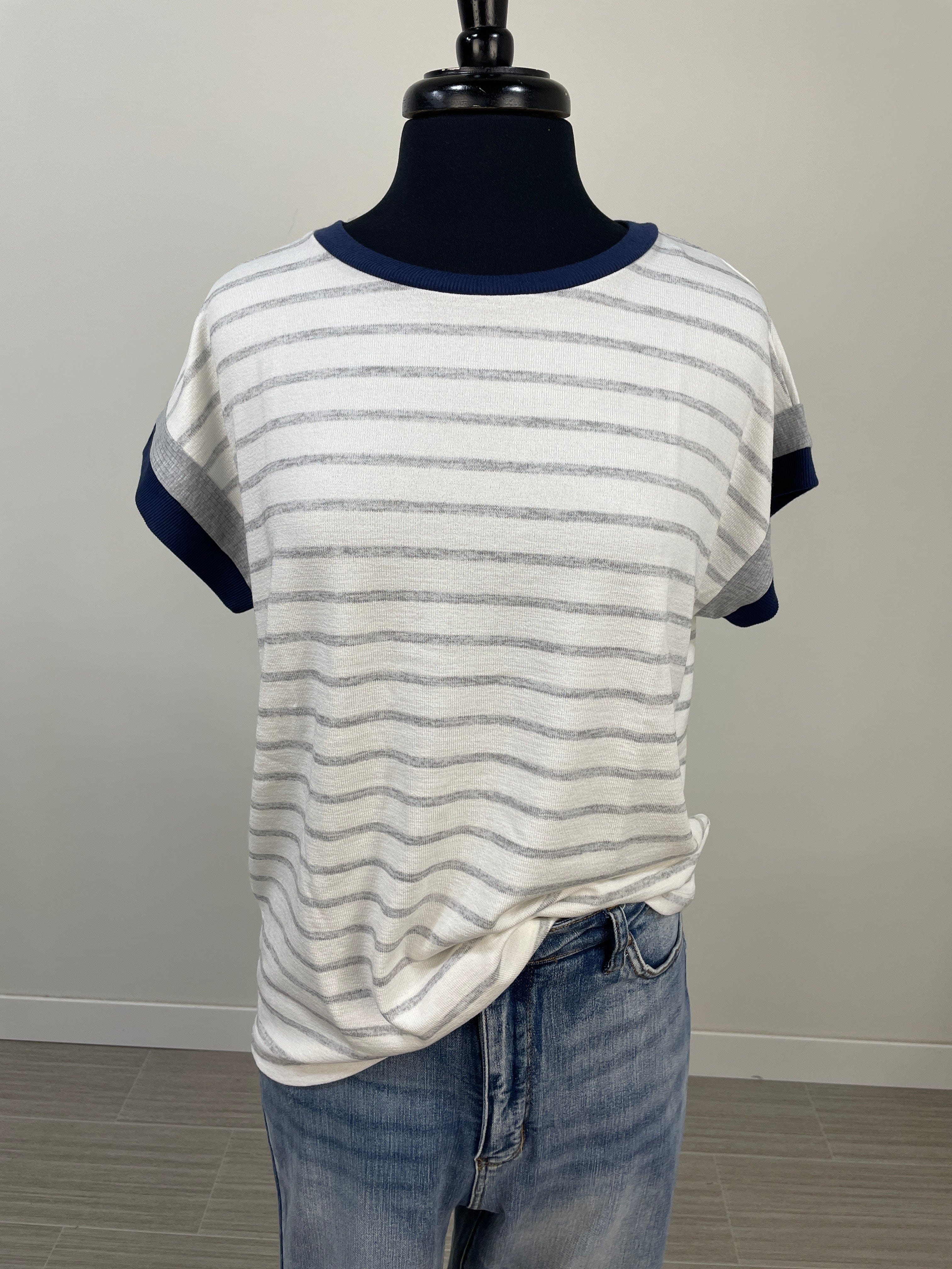 Grey Stripe Navy Trim Knit Top