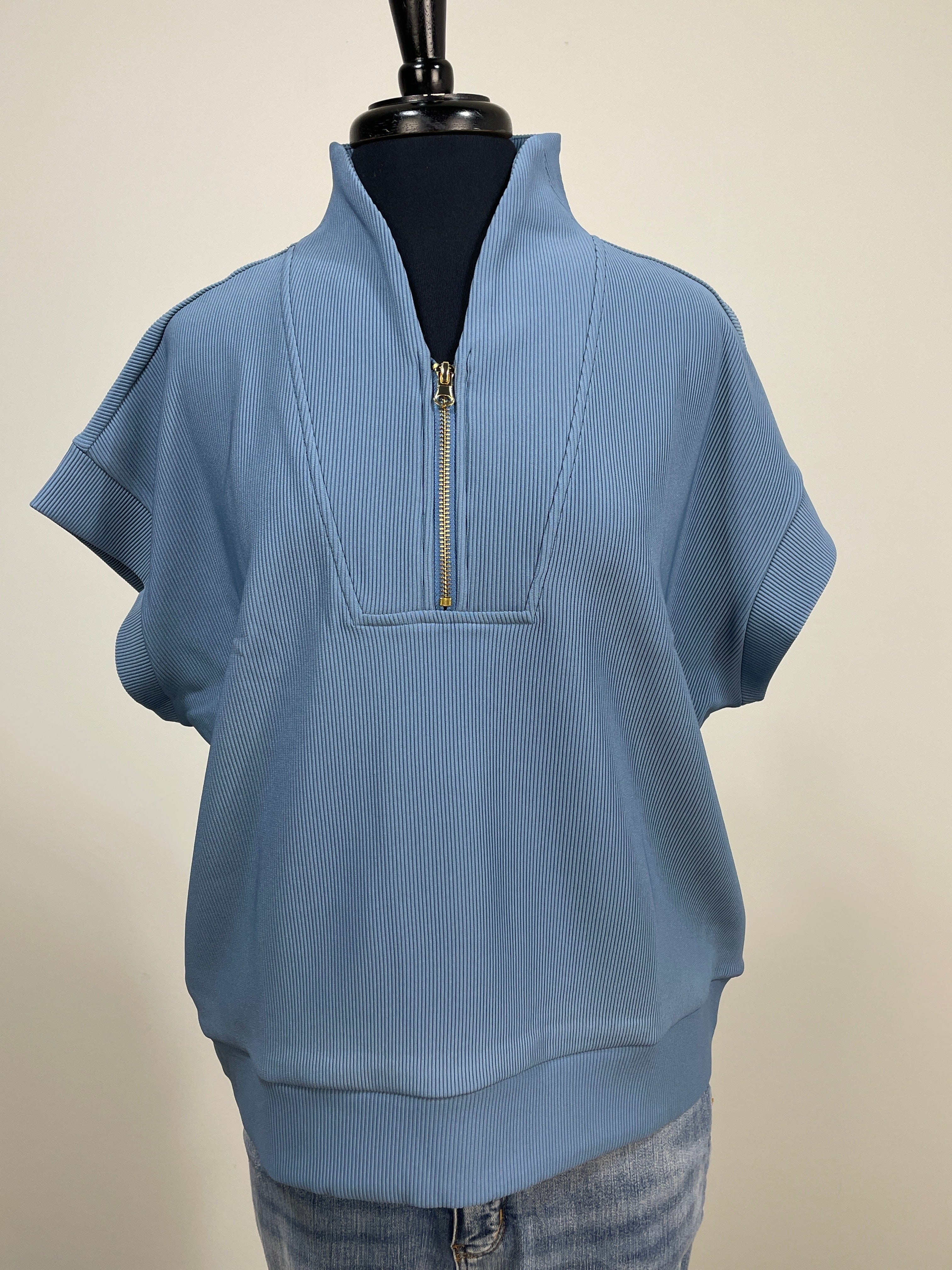 Dusty Blue Rib High Neck Zip Top