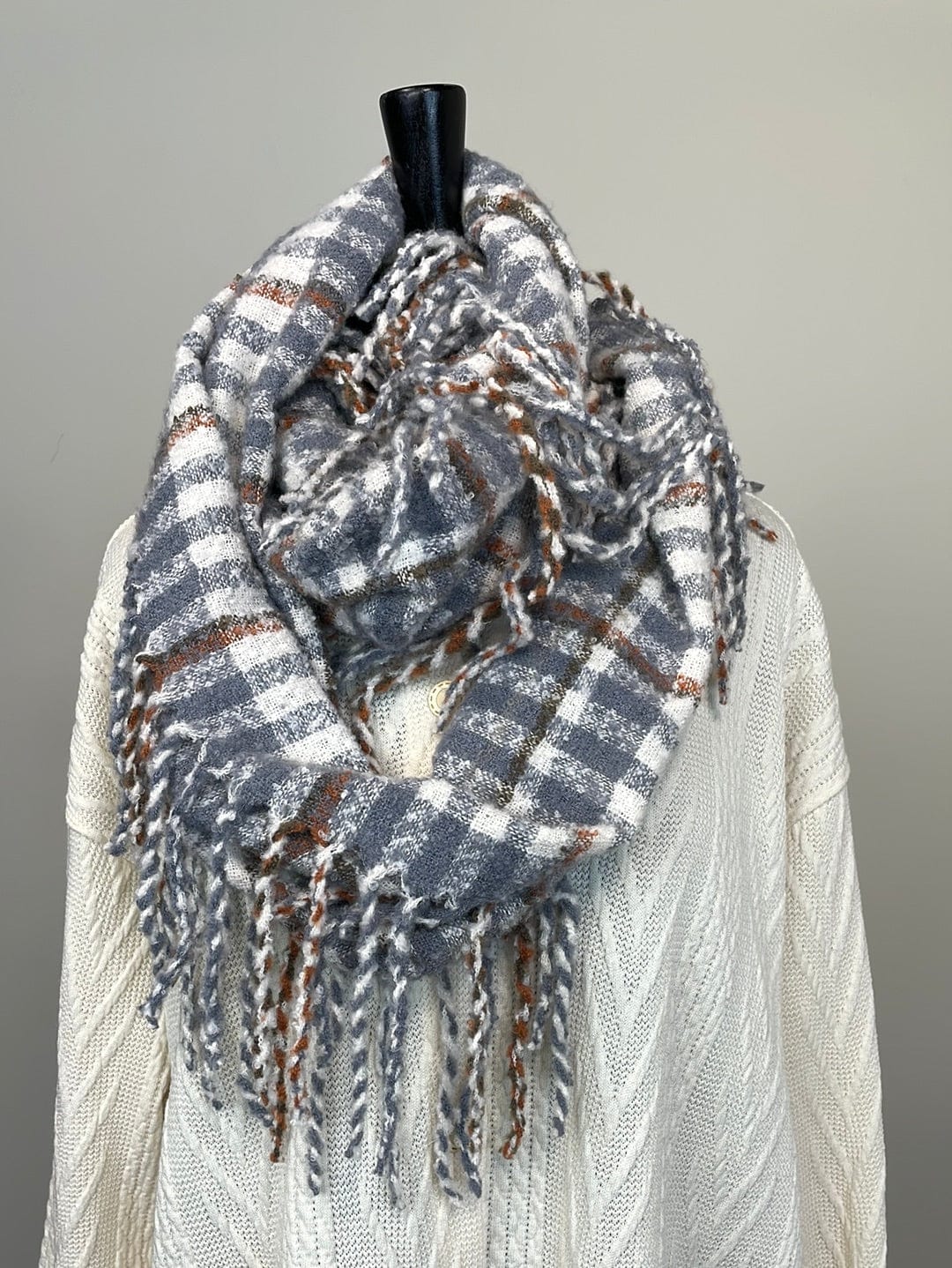 Grey Plaid Infinity Tassel Scarf