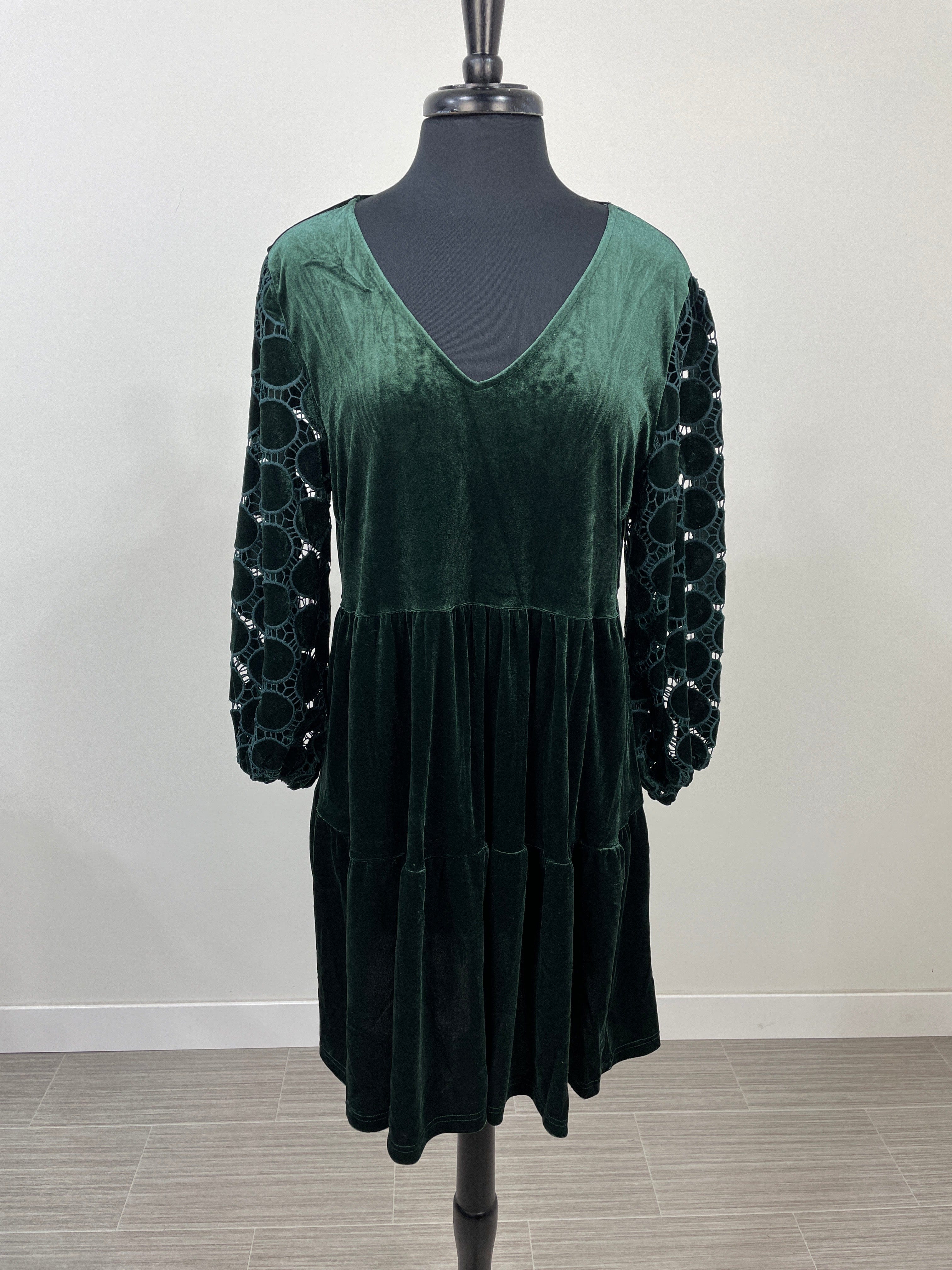 Green Velvet Polka Dot Tiered Dress