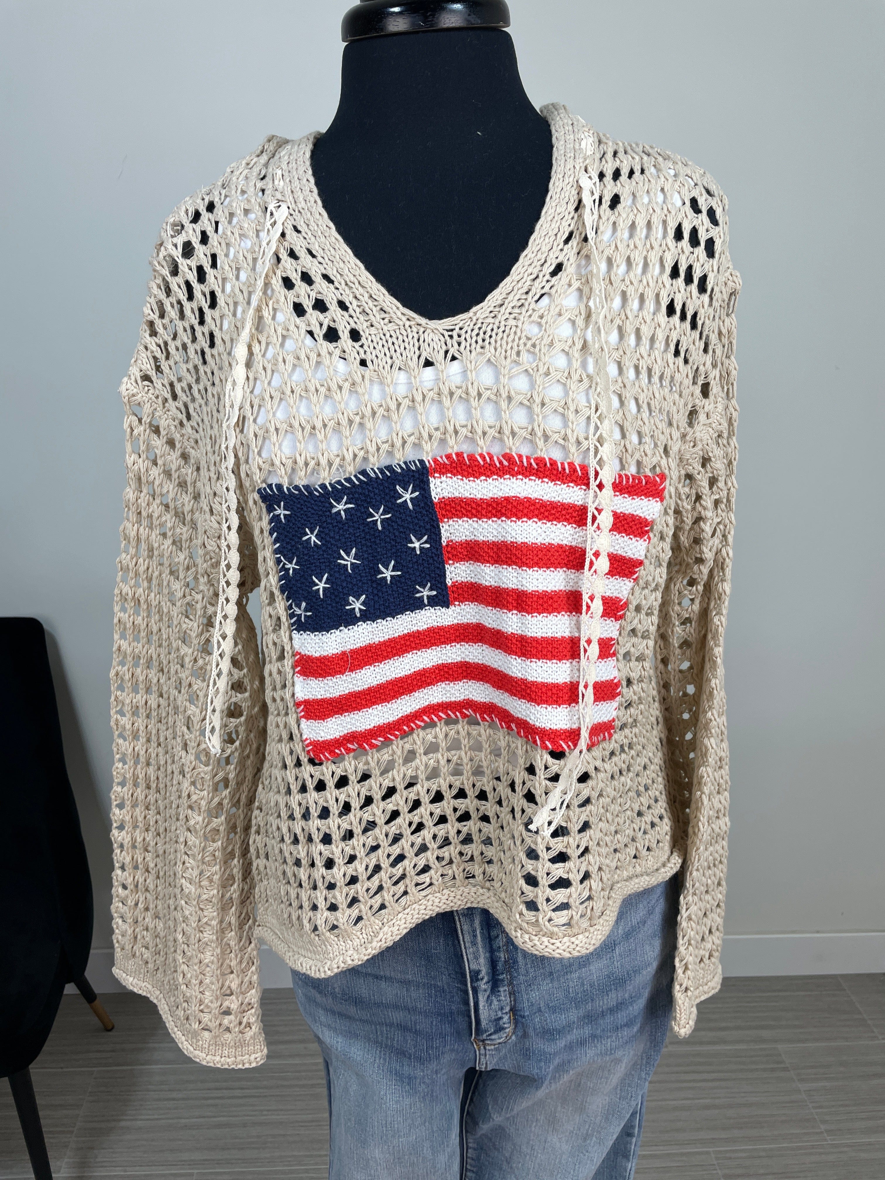 Beige Crochet Flag Hooded Pullover