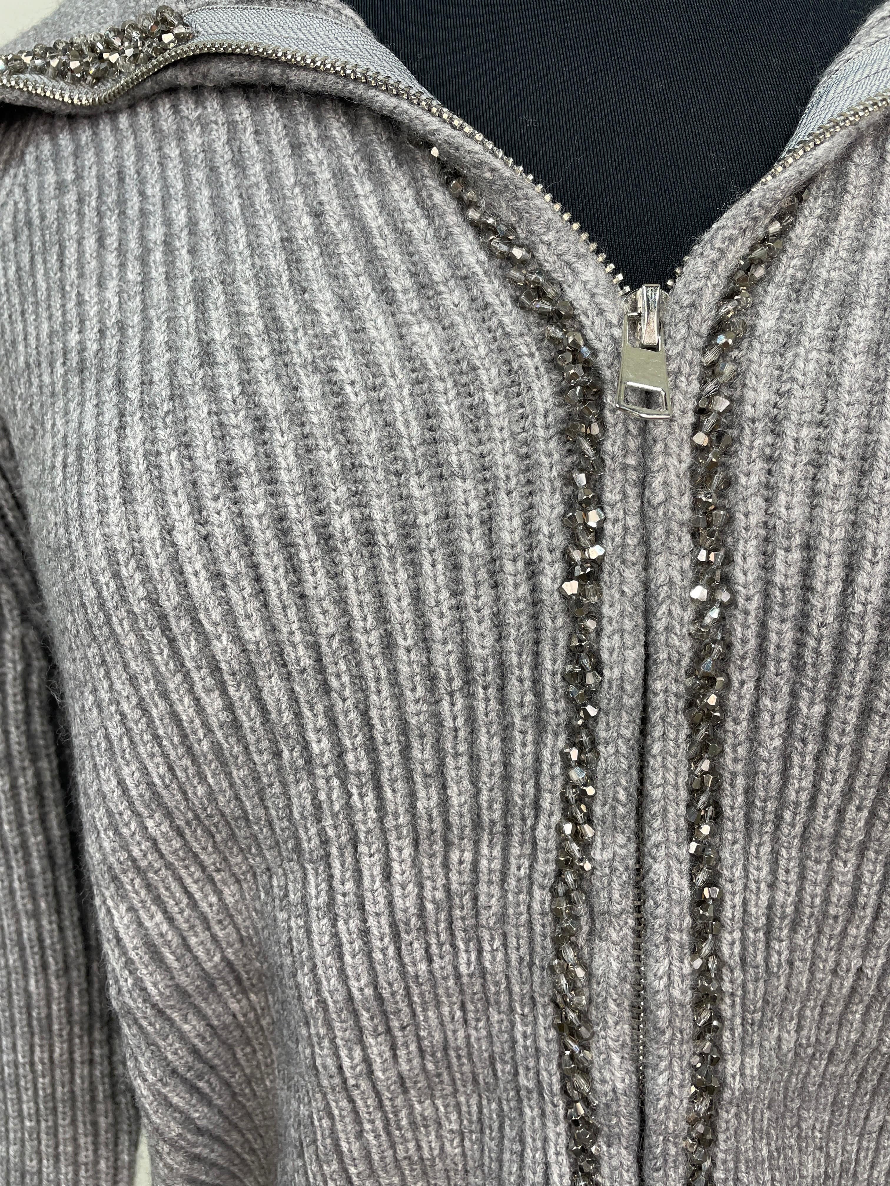 Grey Embellished Collard Cardigan