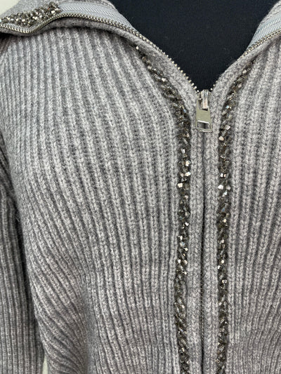 Grey Embellished Collard Cardigan