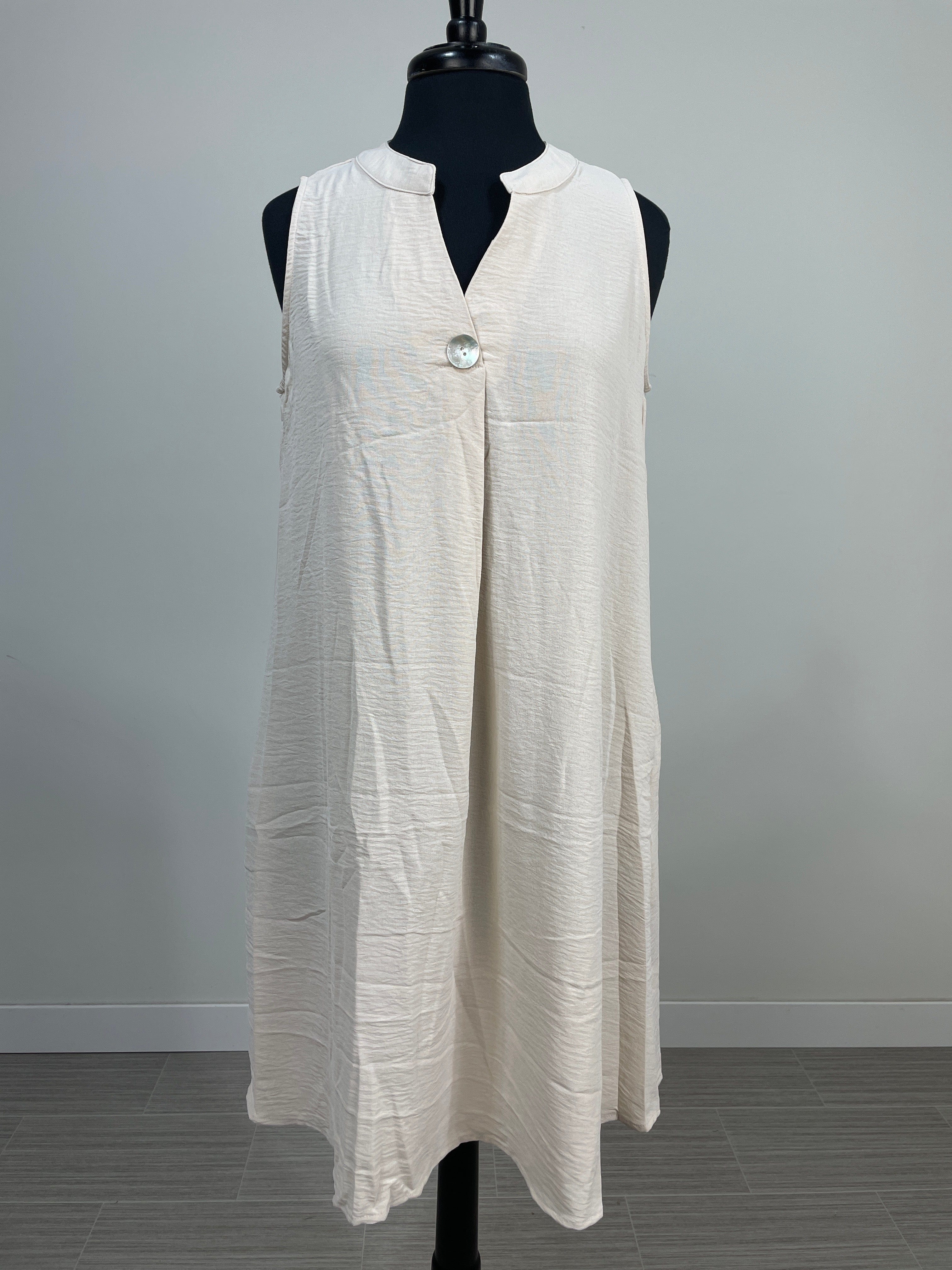 Cream Sleeveless Button Dress
