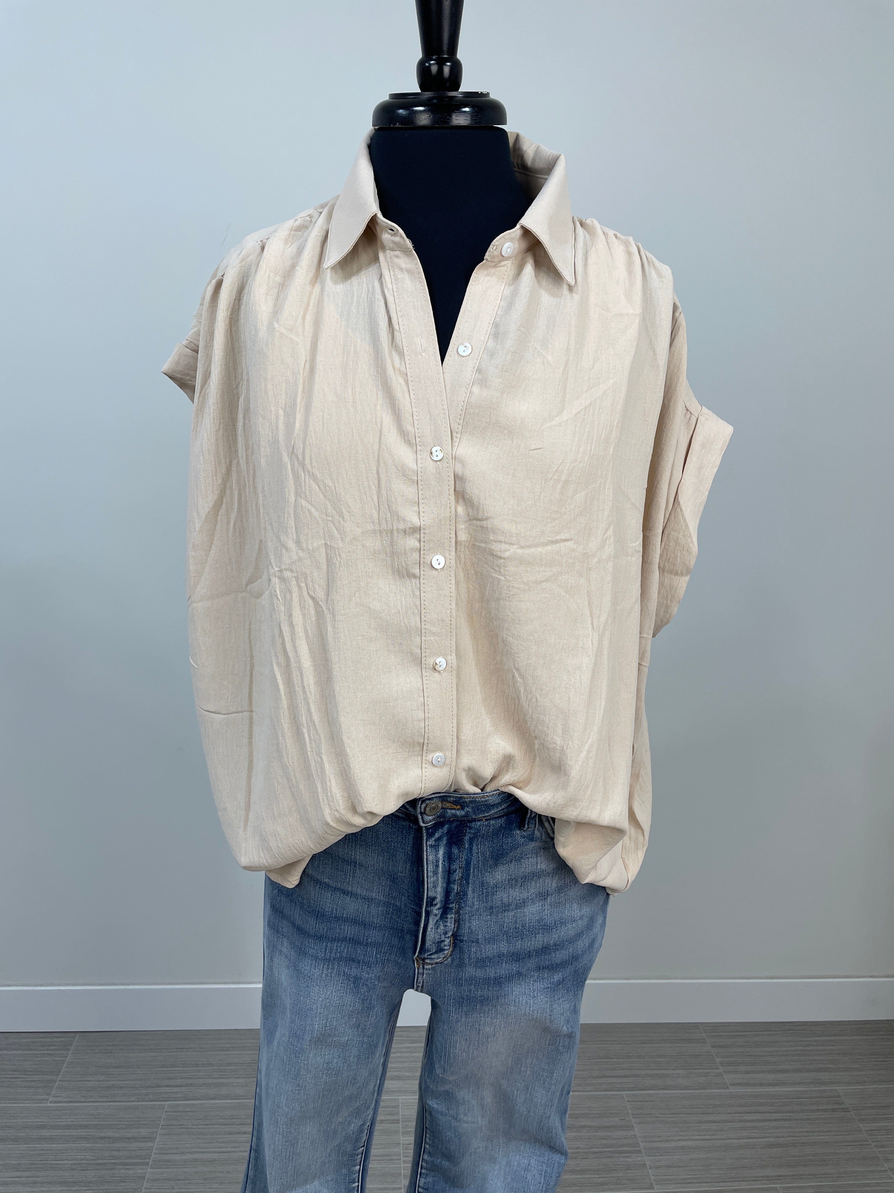 Beige Cuffed Sleeve Button Top