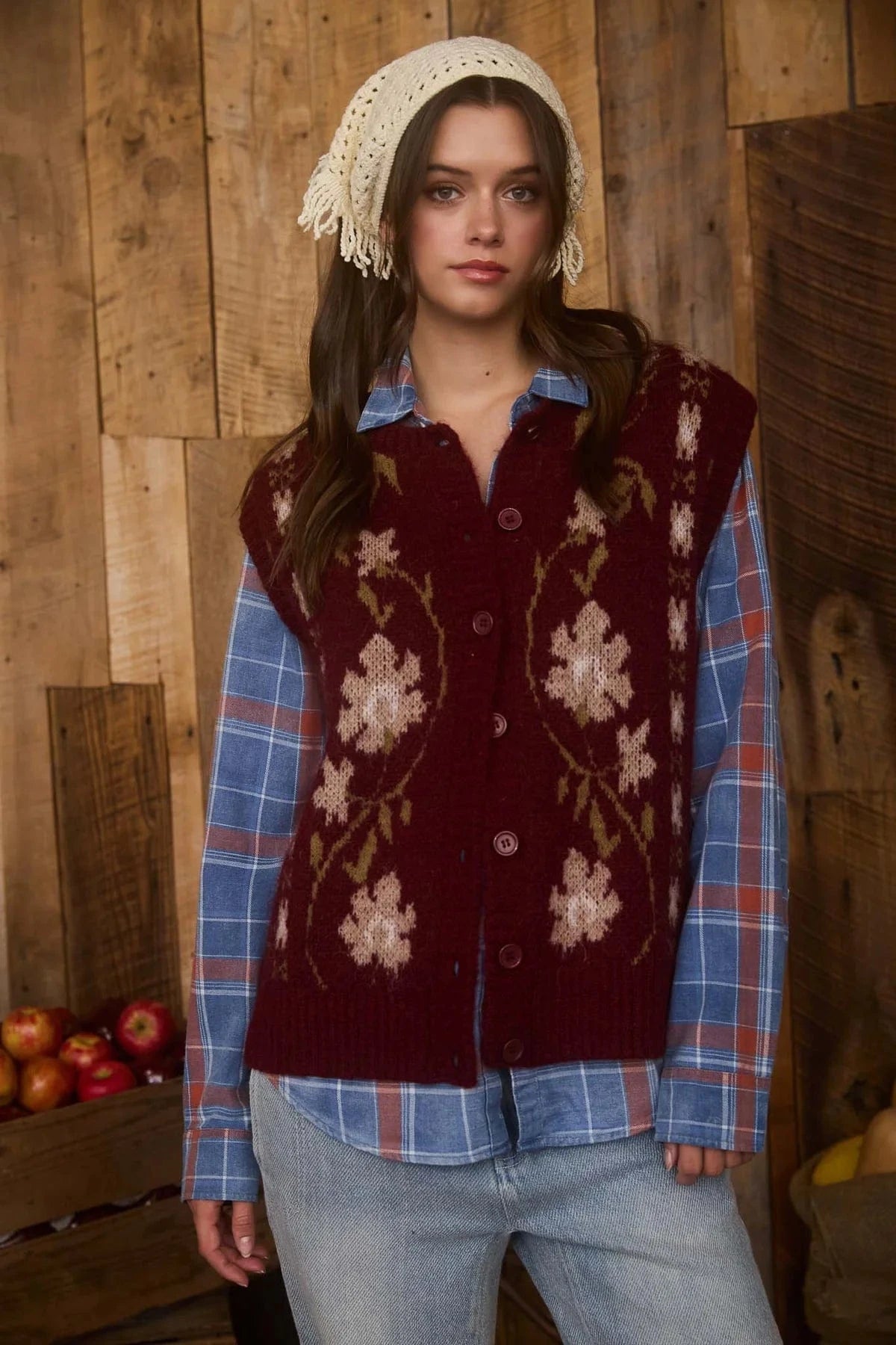 Burgundy Floral Button Cardigan Vest