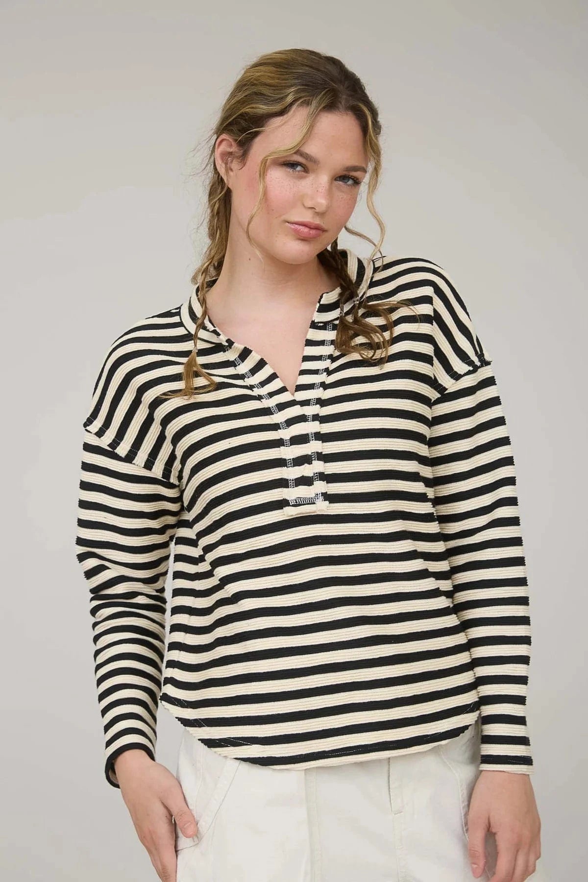 Black Texture Stripe Split Neck Knit Top