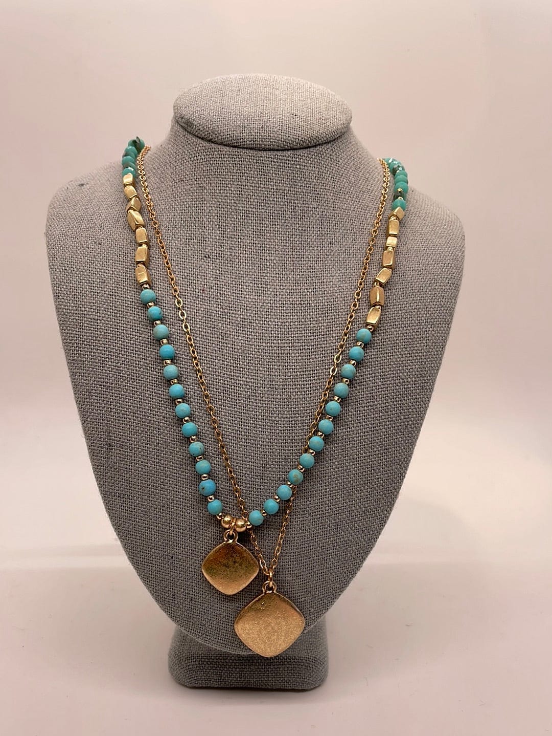 Turquoise Stone Beaded Square Pendant Necklace