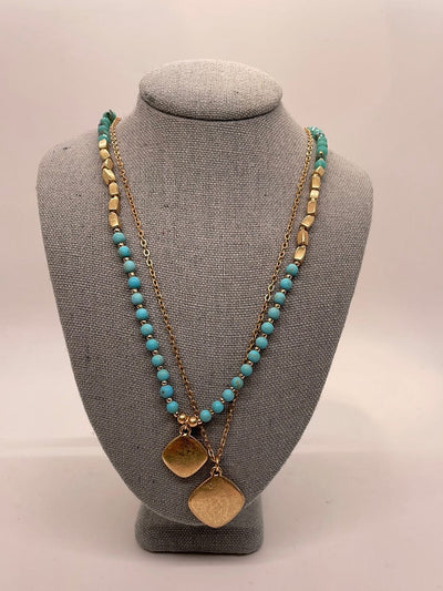Turquoise Stone Beaded Square Pendant Necklace