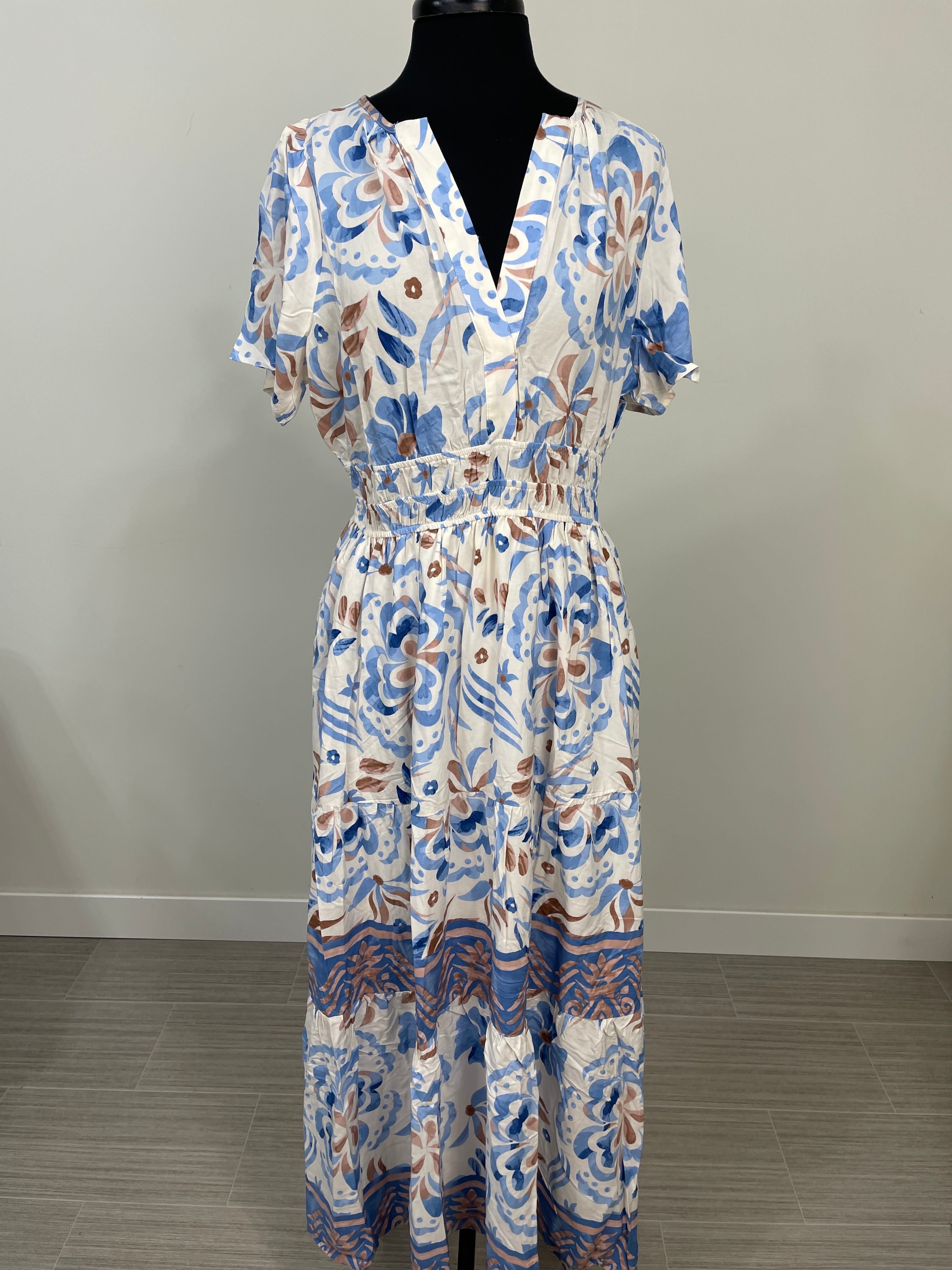 Ivory & Blue Floral Border Maxi Dress