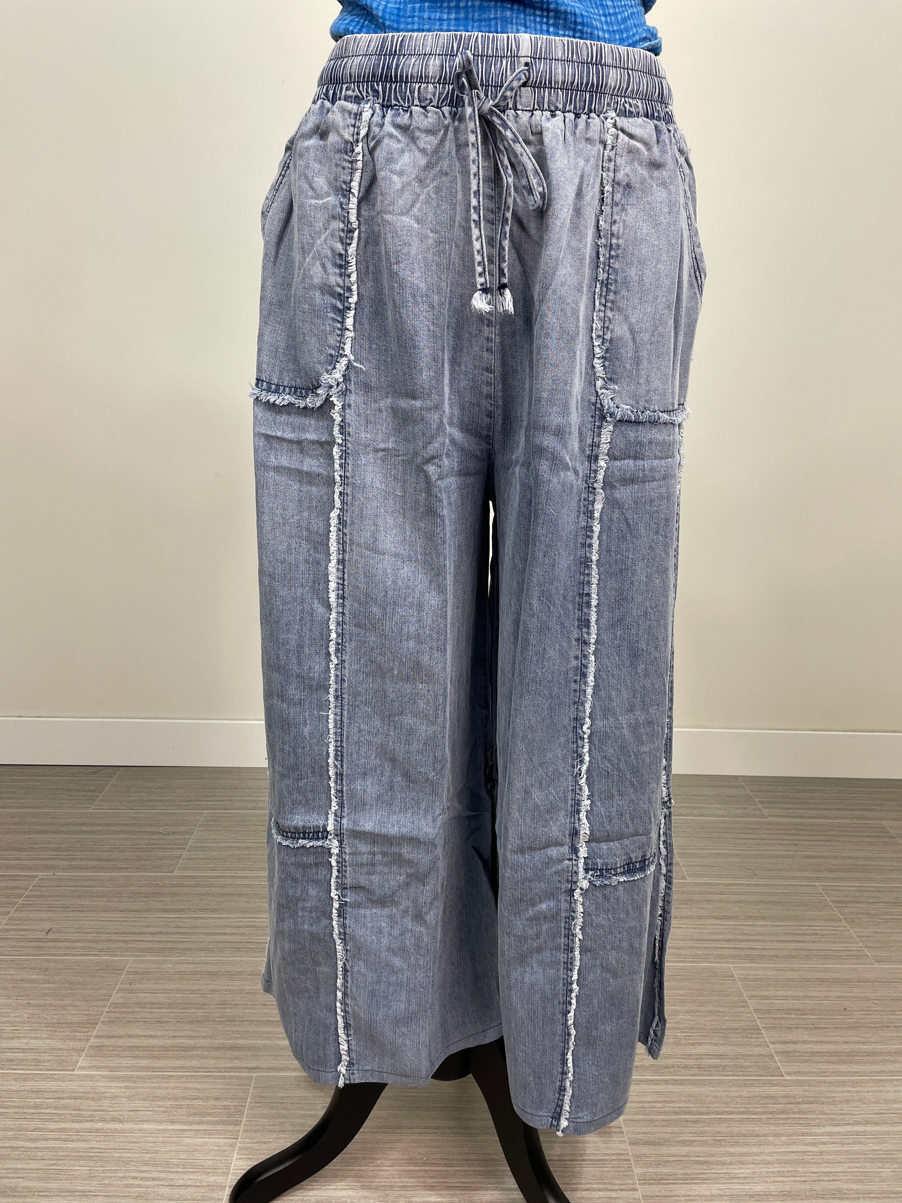 Washed Denim Frayed Chambray Pant