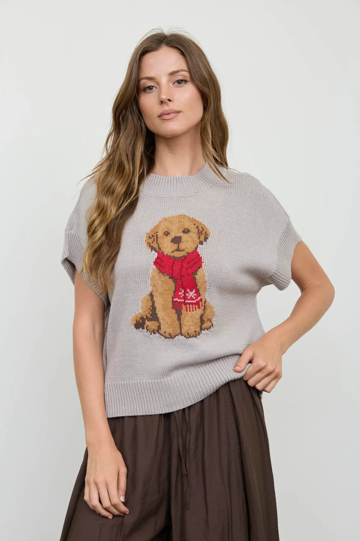 Grey Puppy Knit Short Sleeve Sweater