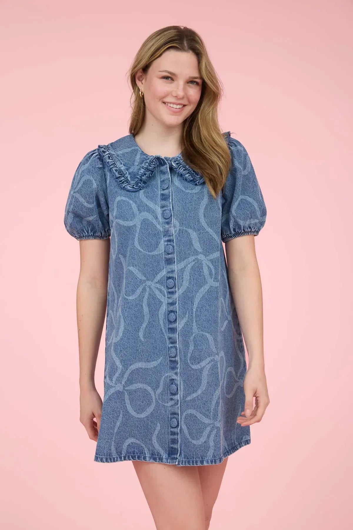 Bow Pattern Washed Denim Mini Dress