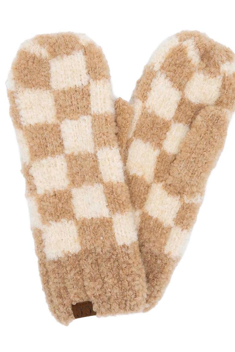 Beige Camel Checkered Boucle Mittens