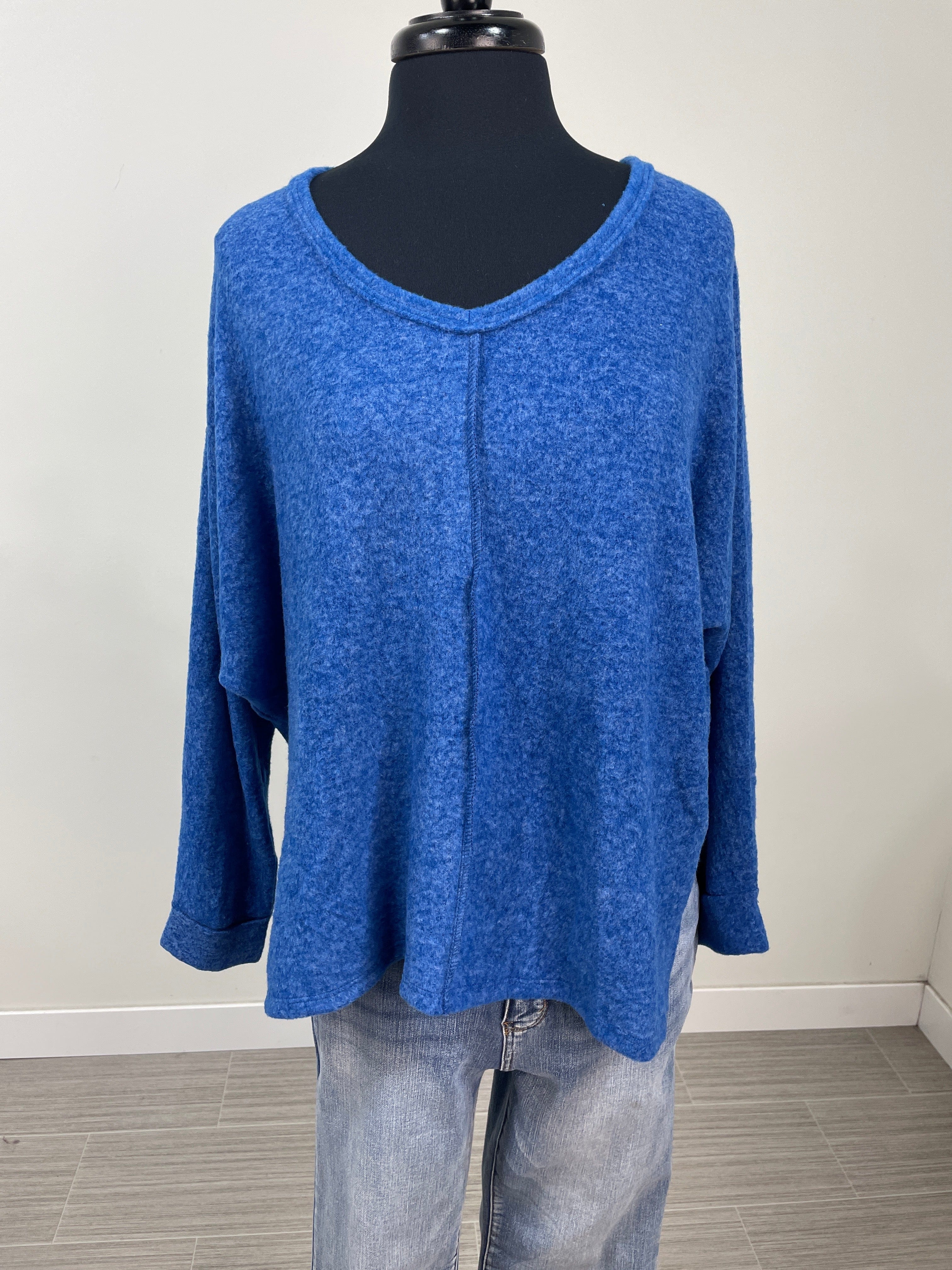 Light Navy Brushed Hacci V-Neck Sweater