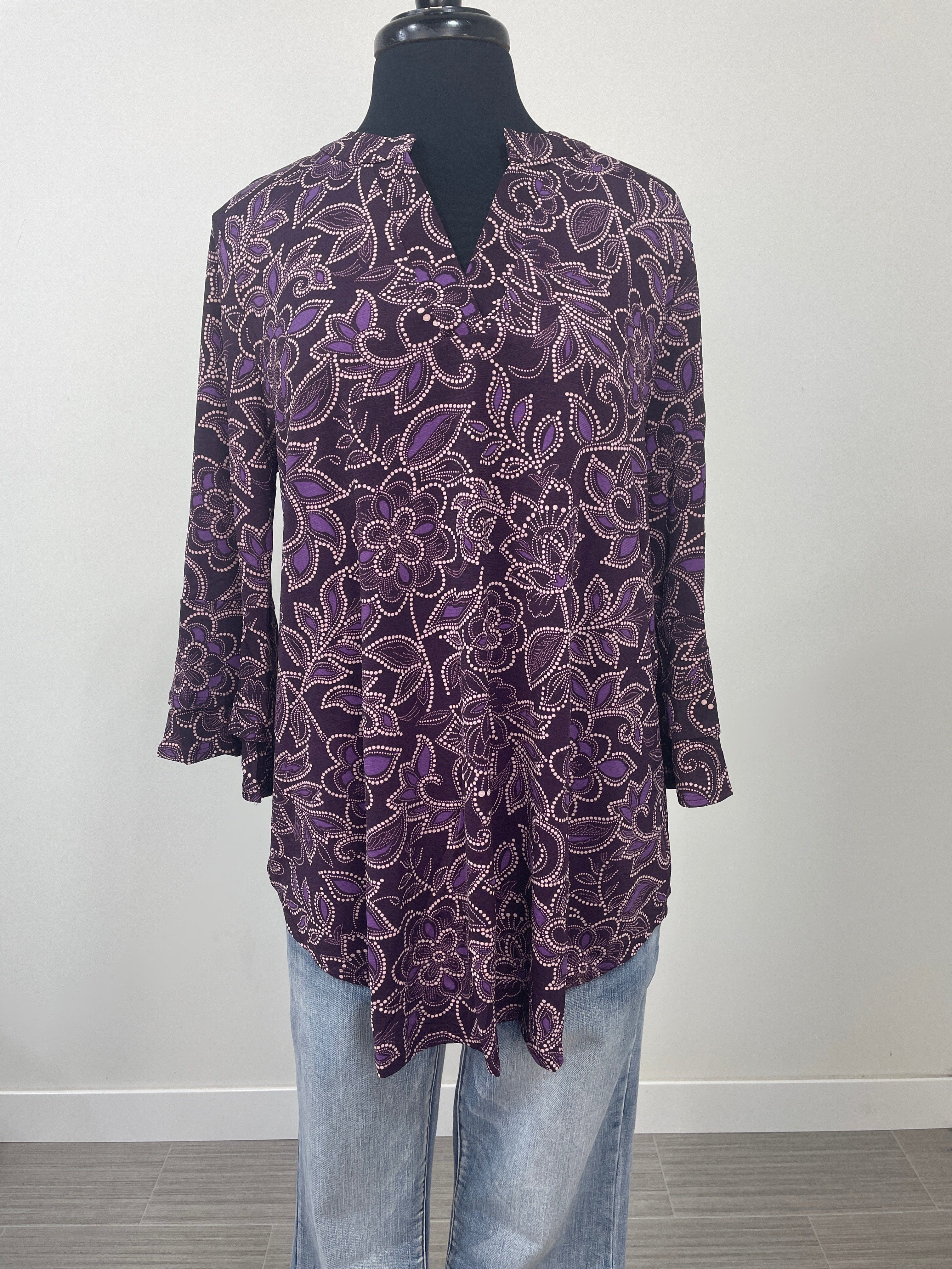 Eggplant Colorful Floral Bell Sleeve Lizzy Top