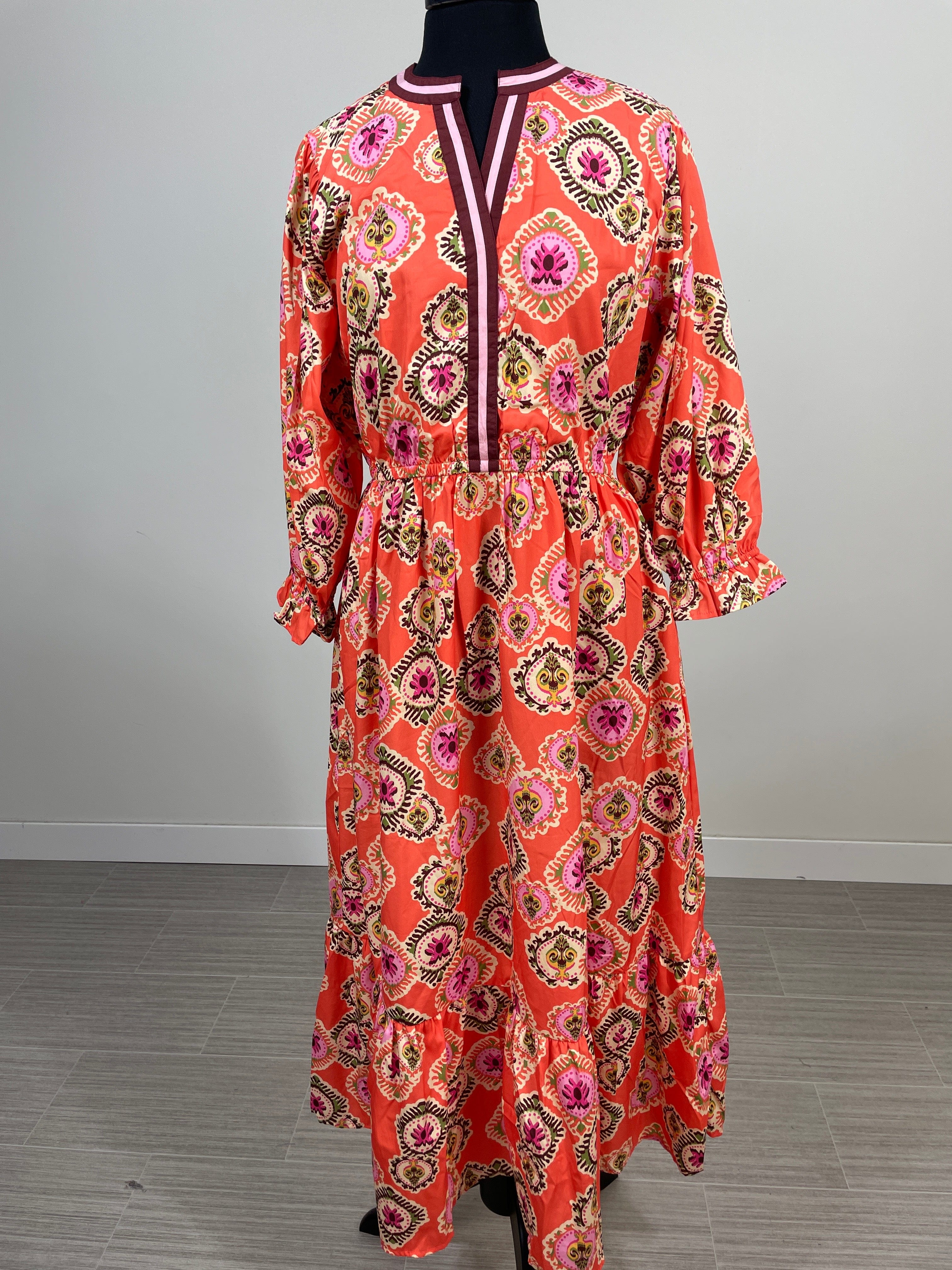 Orange Print Short Sleeve Maxi Dress