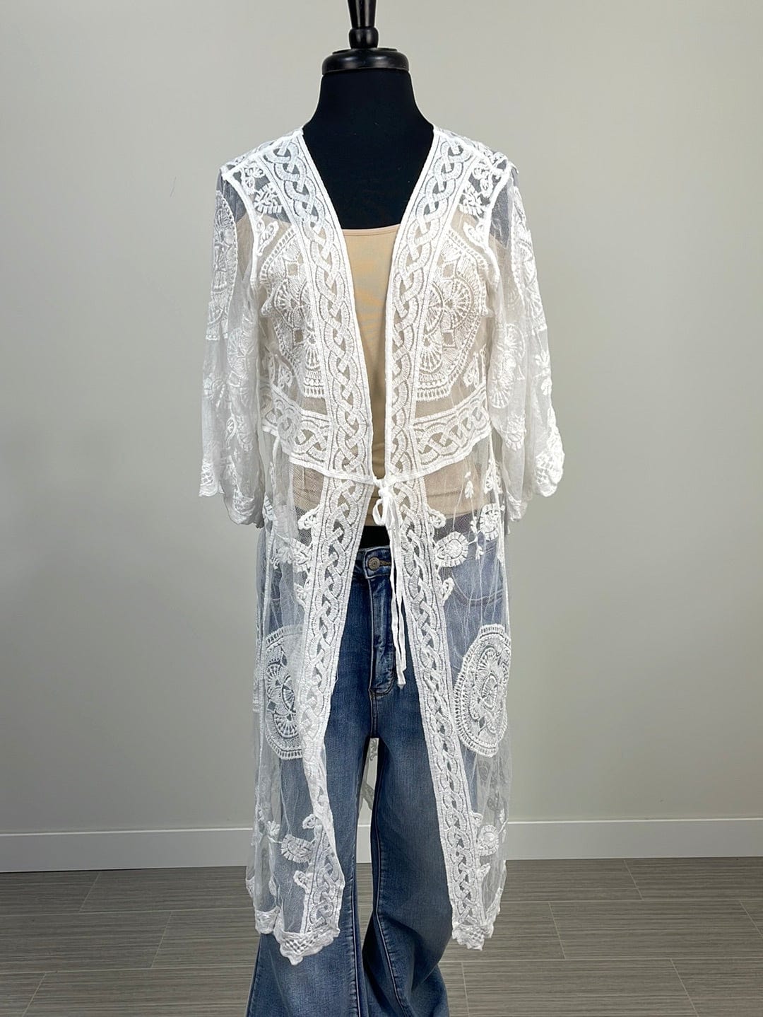 White Lace Front Tie Kimono