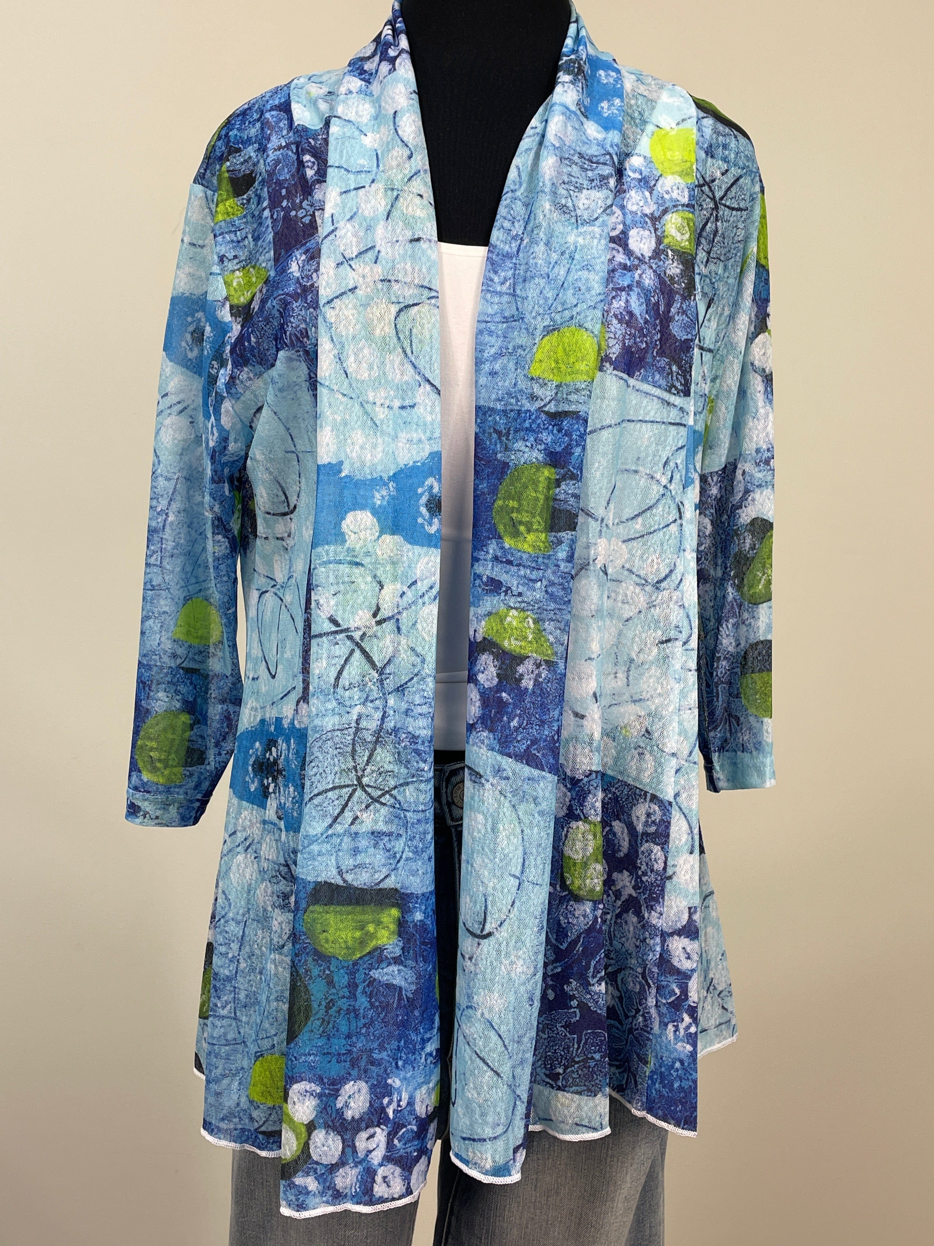 Blue & Green Abstract Art Printed Mesh Cardigan