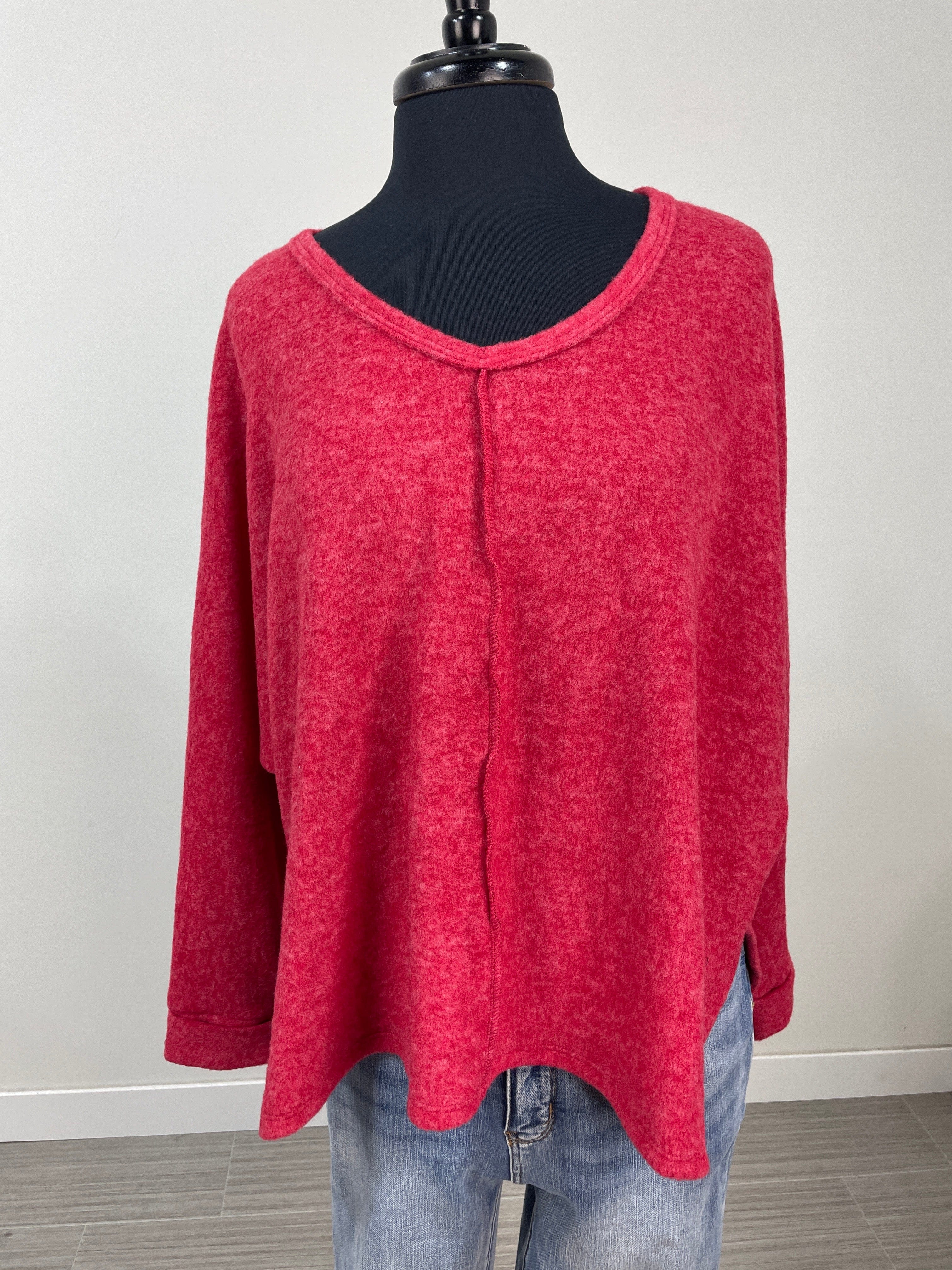 Dark Red Brushed Hacci V-Neck Sweater