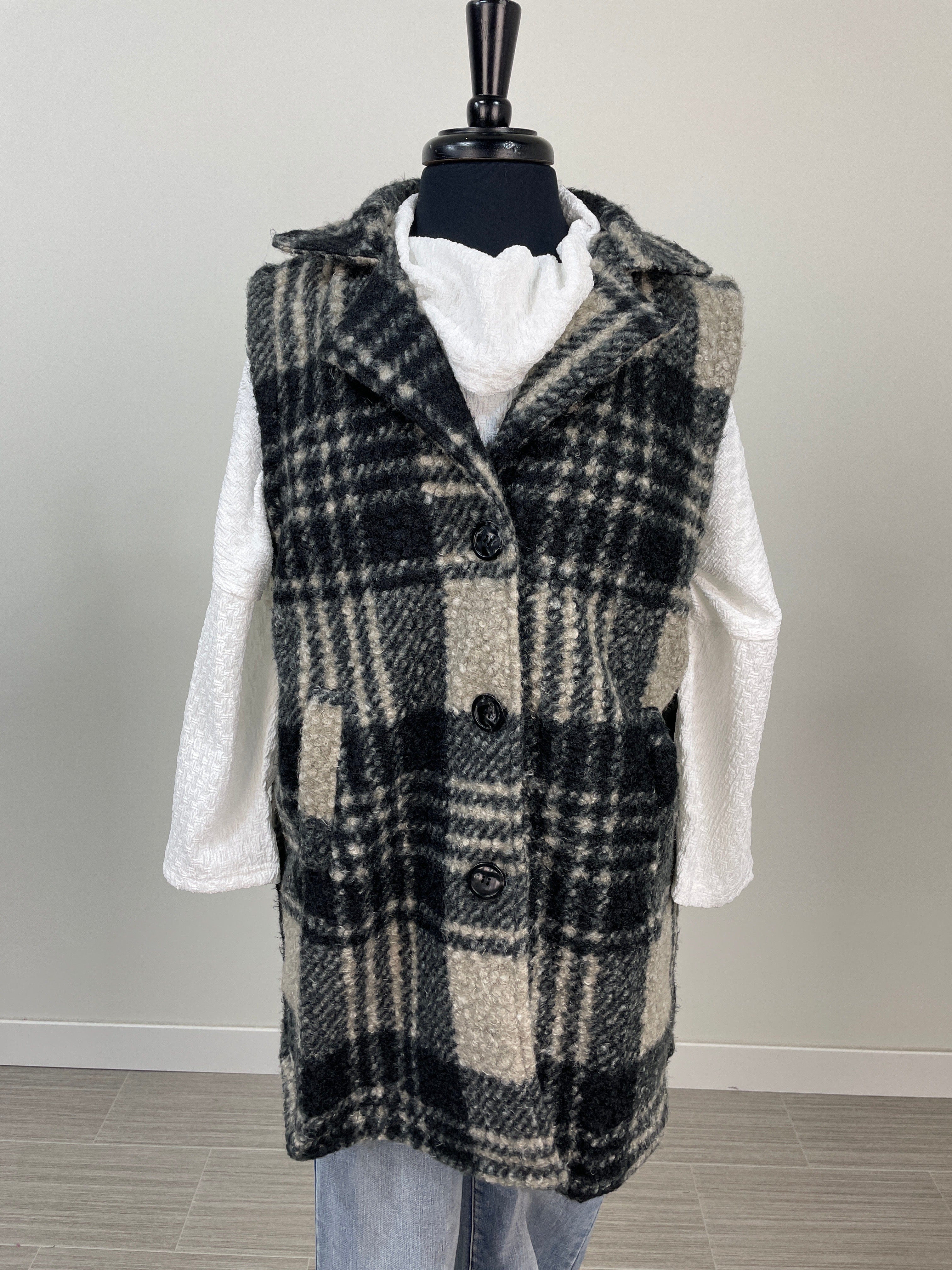 Black & Tan Plaid Soft Button Down Vest