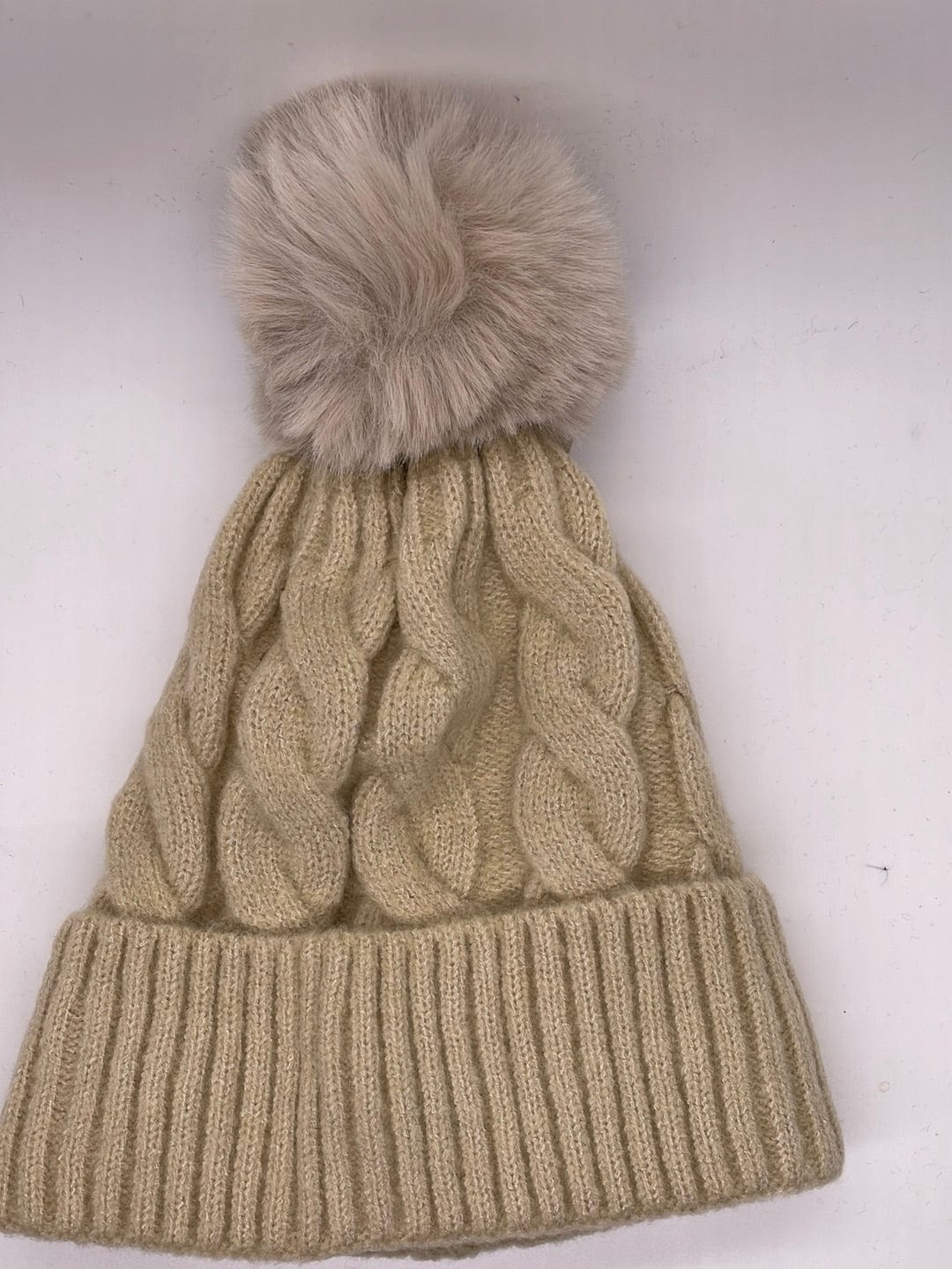Beige Twisted Knit Fur Lined Hat