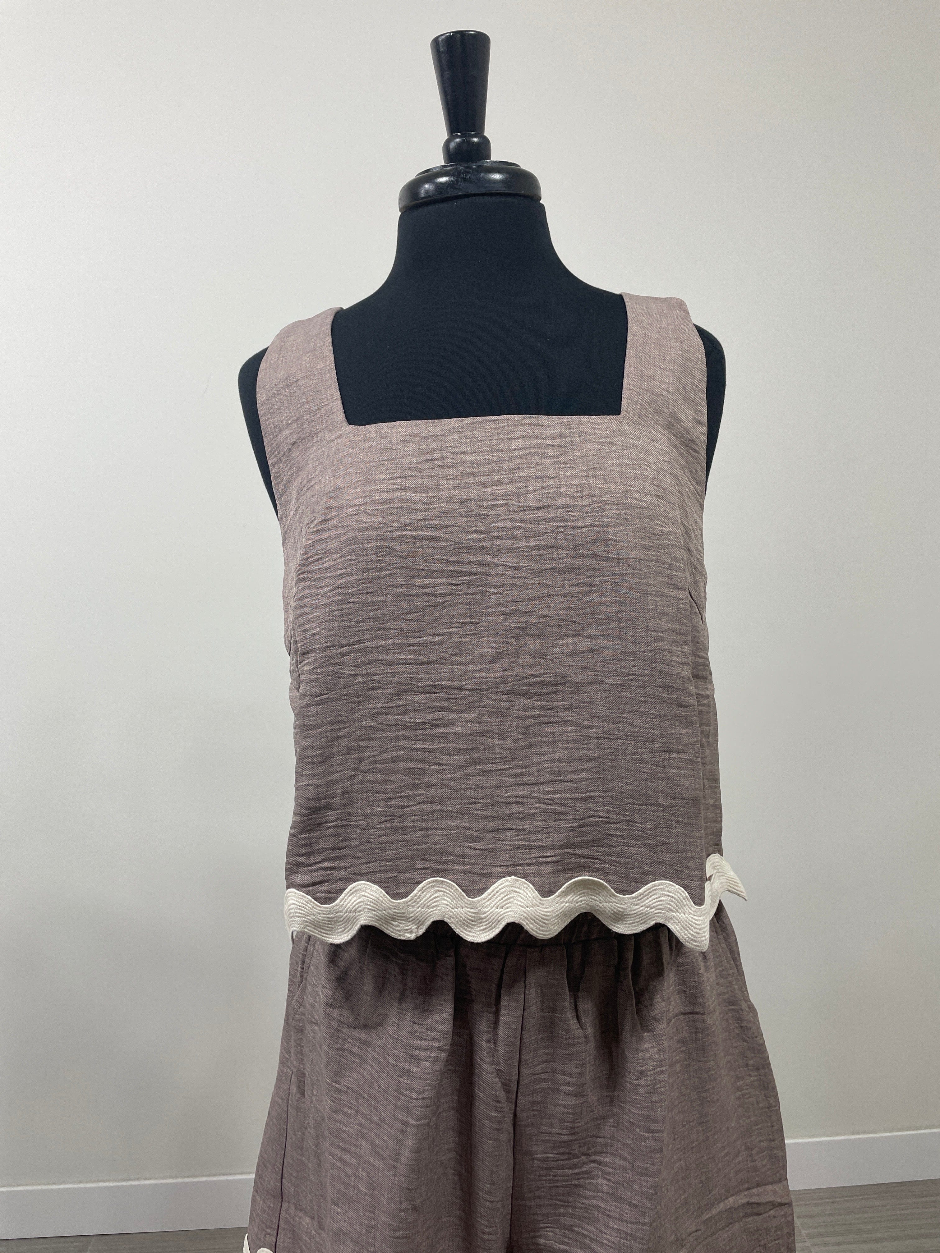 Mocha Linen Tank with White Detail