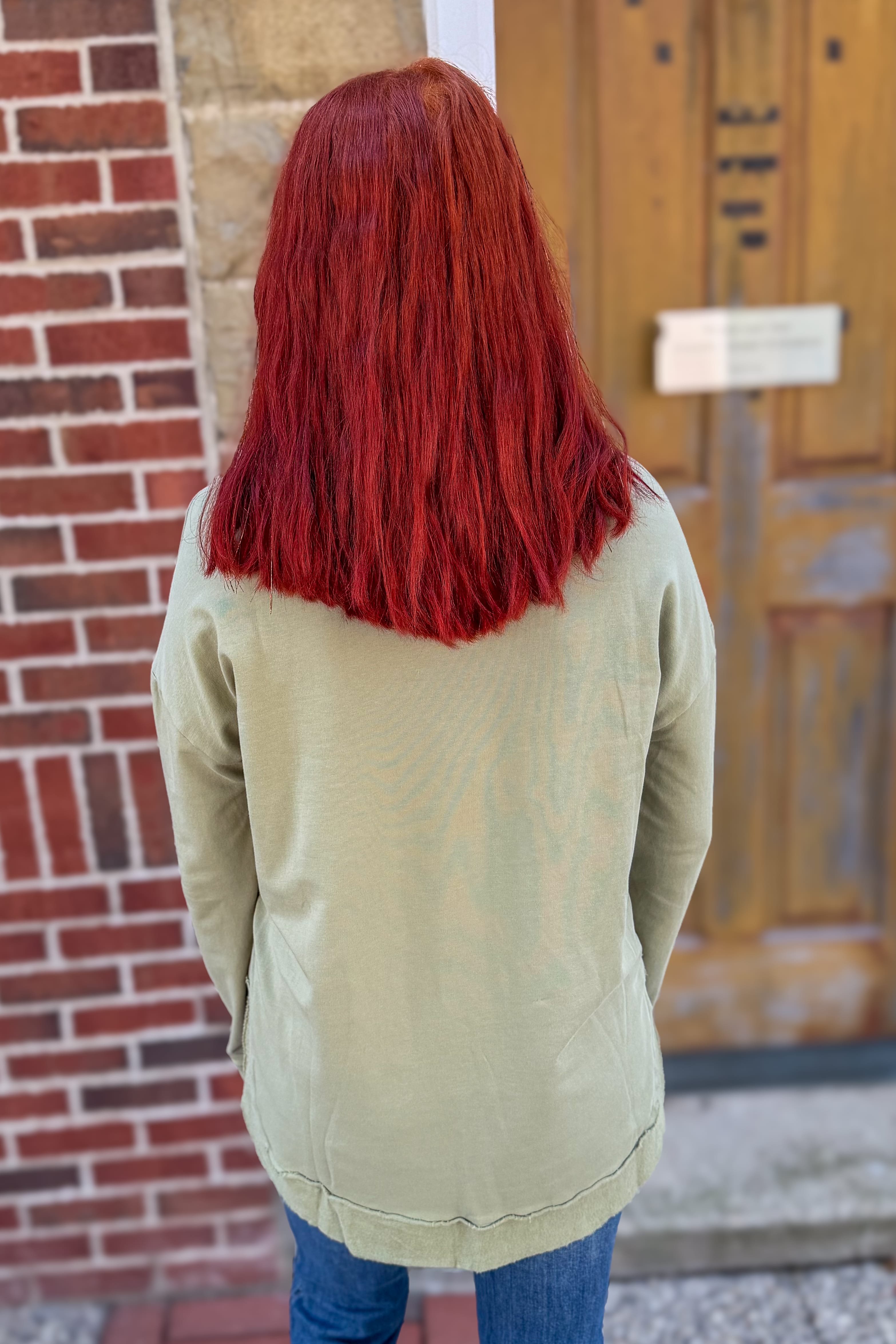 Olive Raw Hem Pullover Top Back
