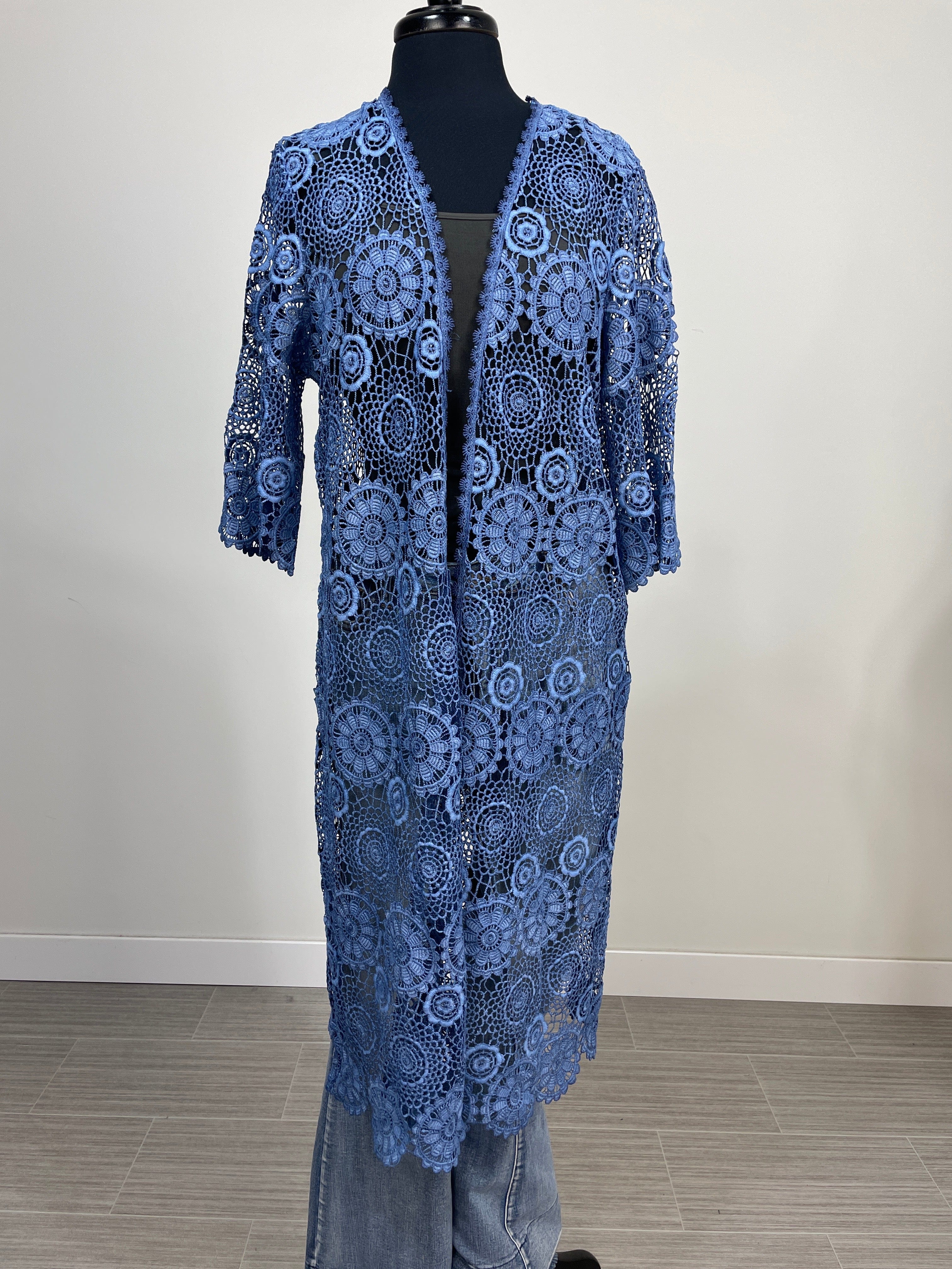 Blue Crochet Duster Cardigan OS