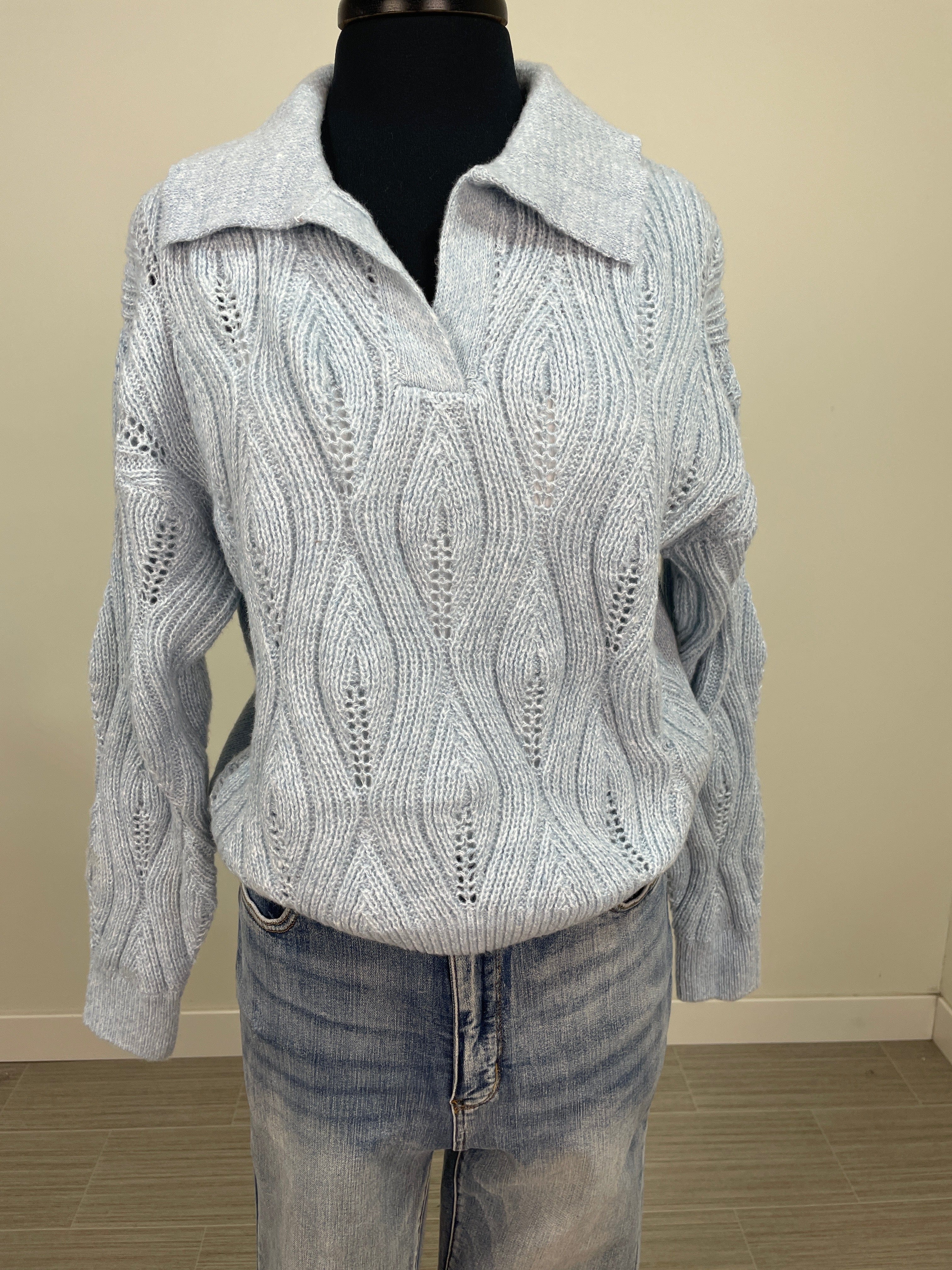 Ice Blue V-Neck Collar Knit Sweater