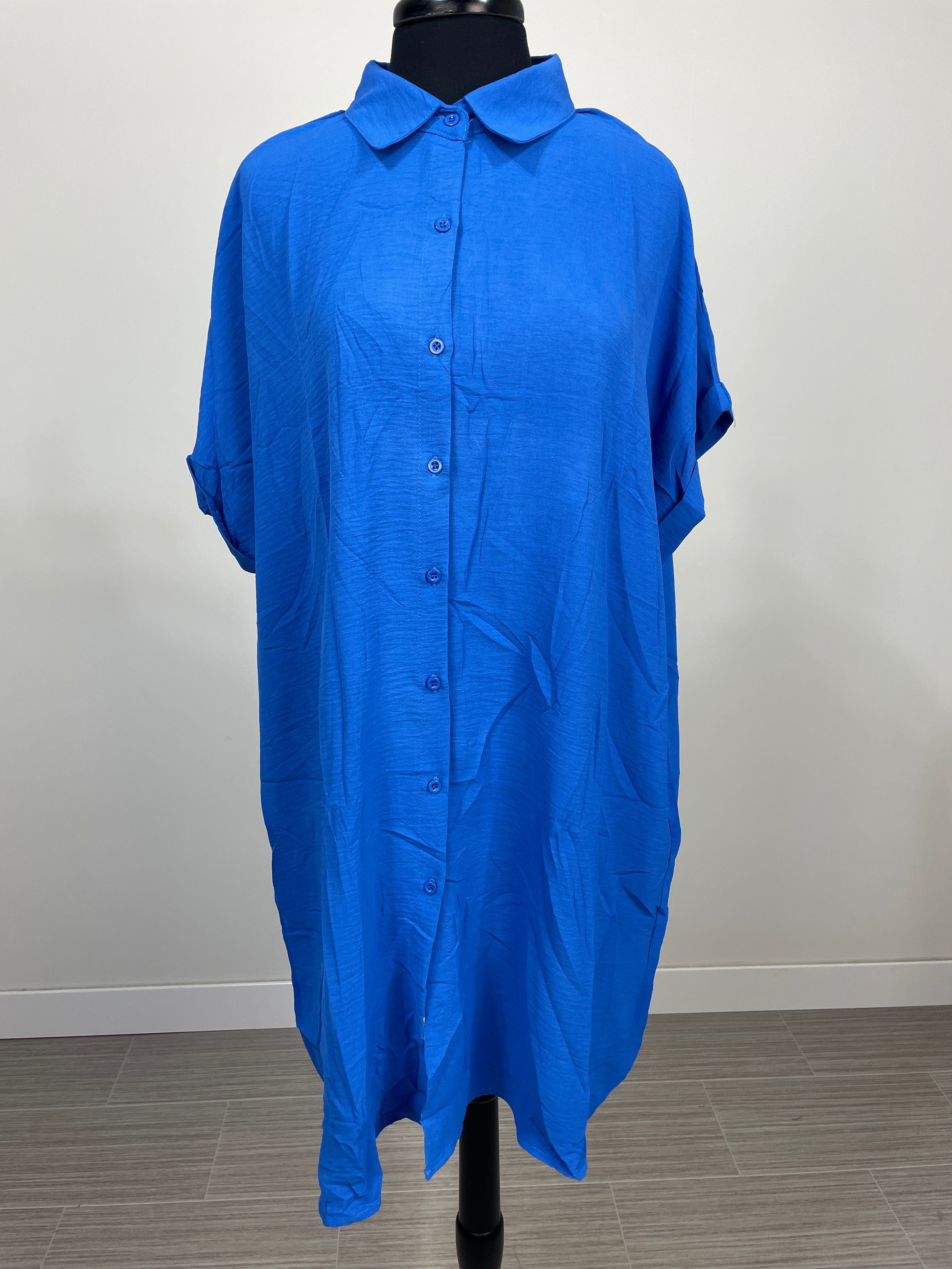 Royal Rolled Sleeve Button Dress