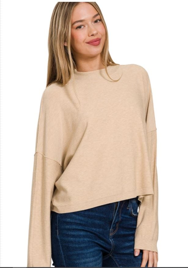 H Beige High Neck Drop Shoulder Sleeve Sweater