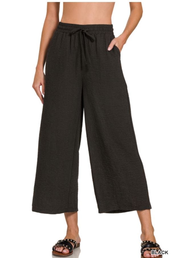Black Woven Crepe Drawstring Crop Pant
