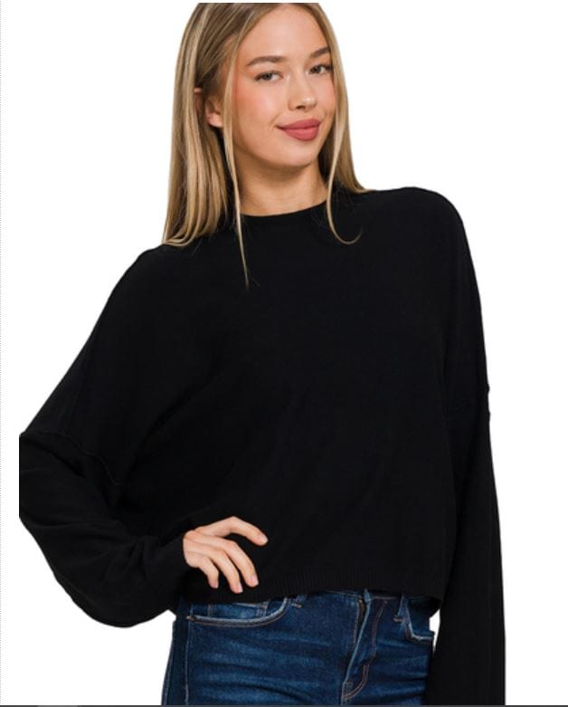 Black High Neck Drop Shoulder Sleeve Sweater